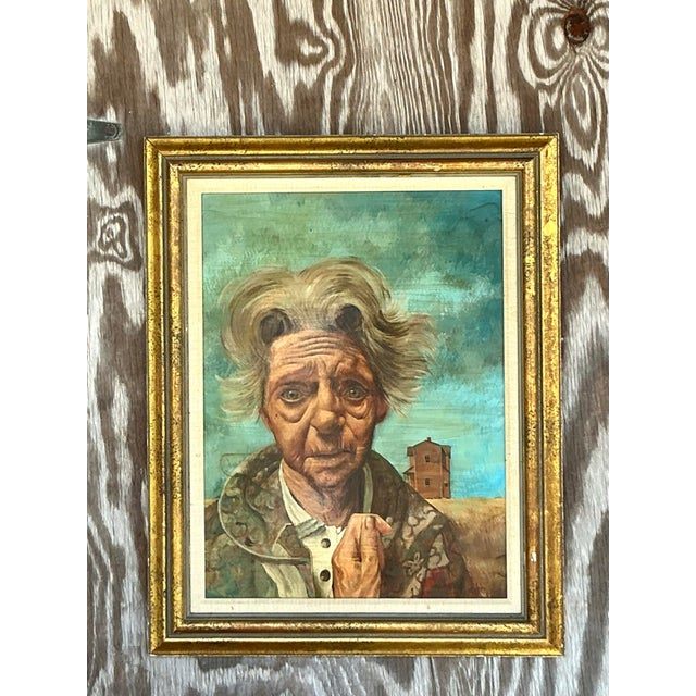 Late 20th Century Vintage Boho Original Oil Portrait on Canvas - Back view
