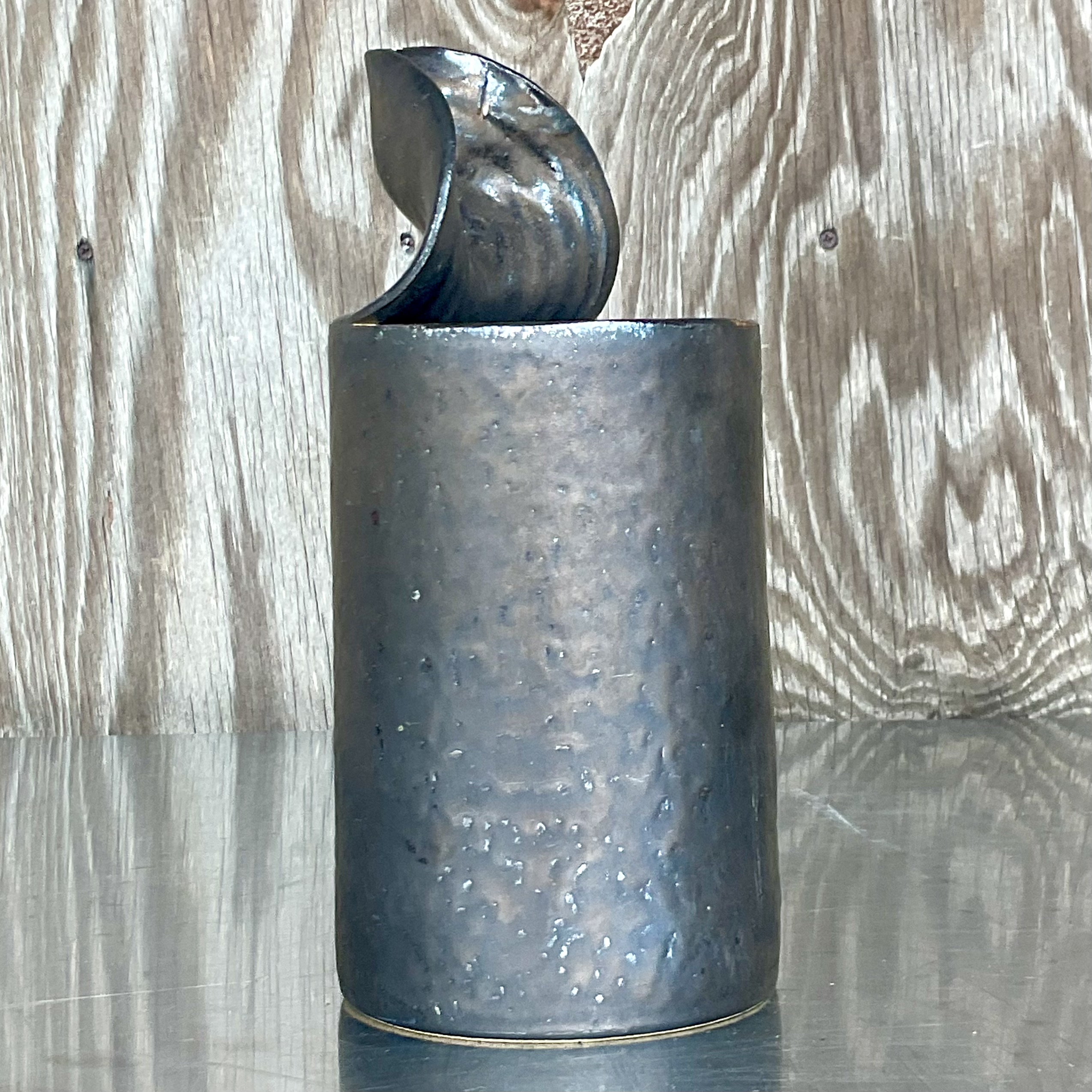 Late 20th Century Vintage Boho Studio Pottery Open Can Vase - Side view