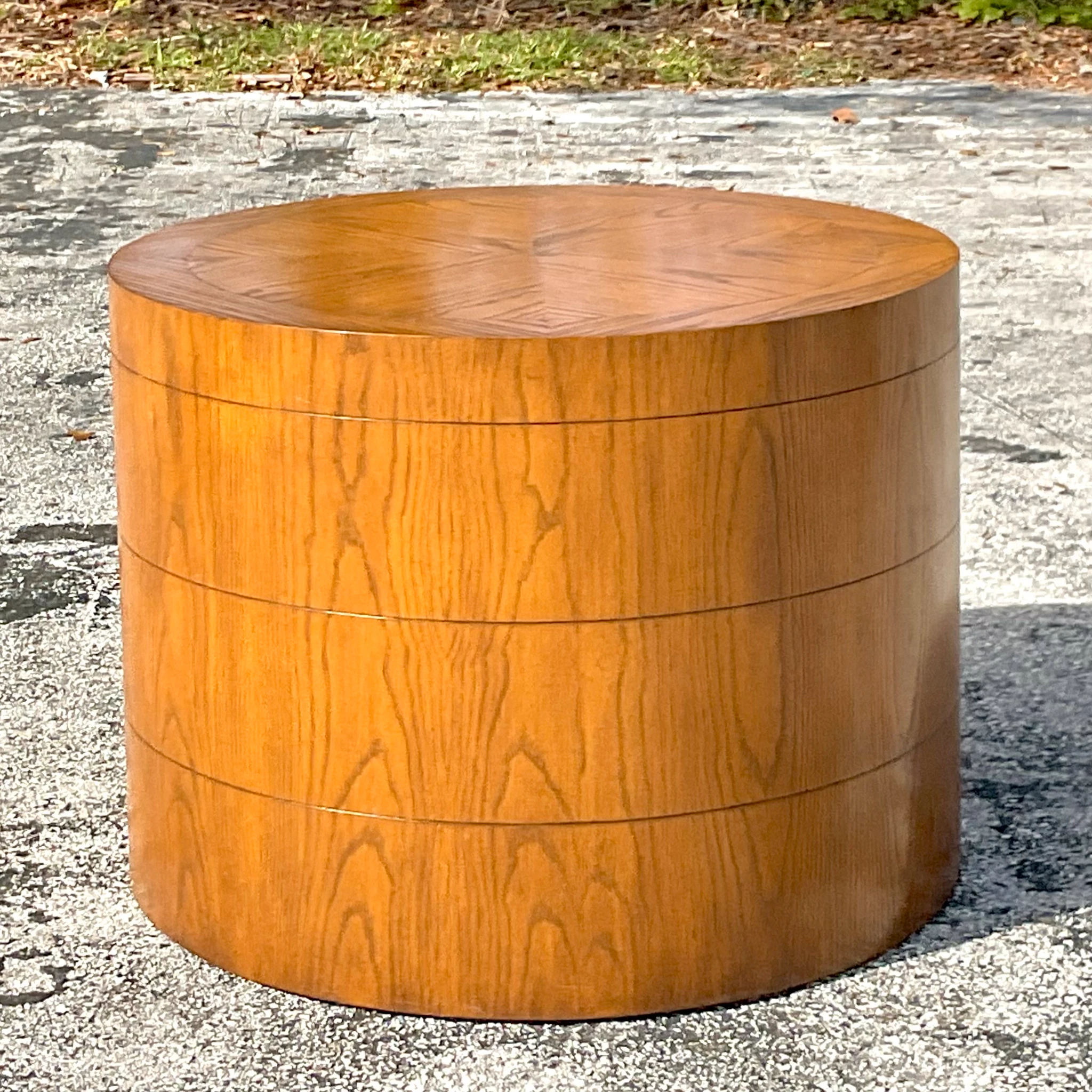 Late 20th Century Vintage Boho Three Band Wood Drum Table - Back view