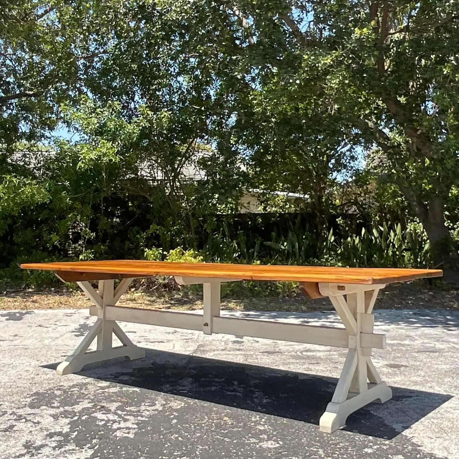 Late 20th Century Vintage Boho Trestle Plank Farm Table - Detail view