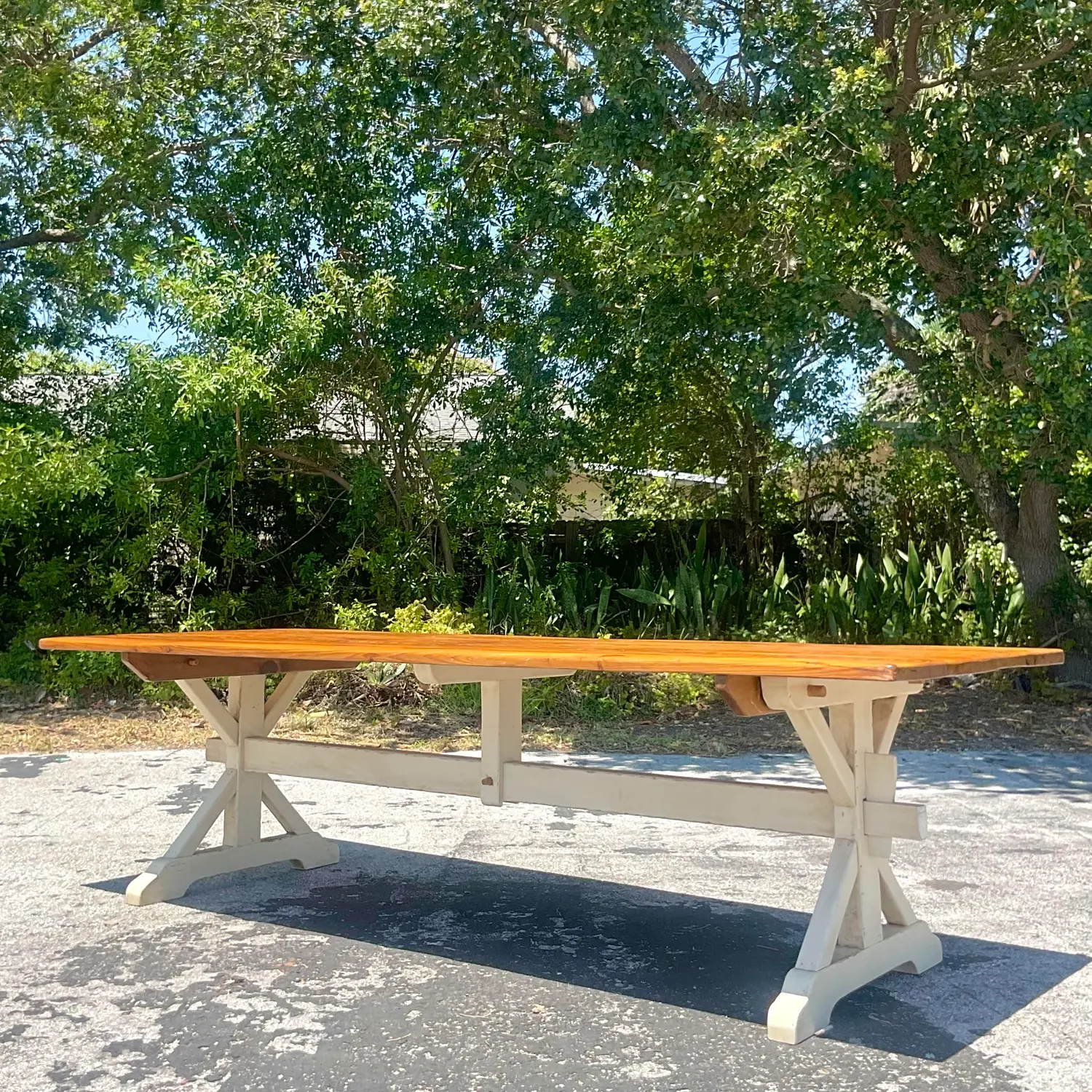 Late 20th Century Vintage Boho Trestle Plank Farm Table - Top view