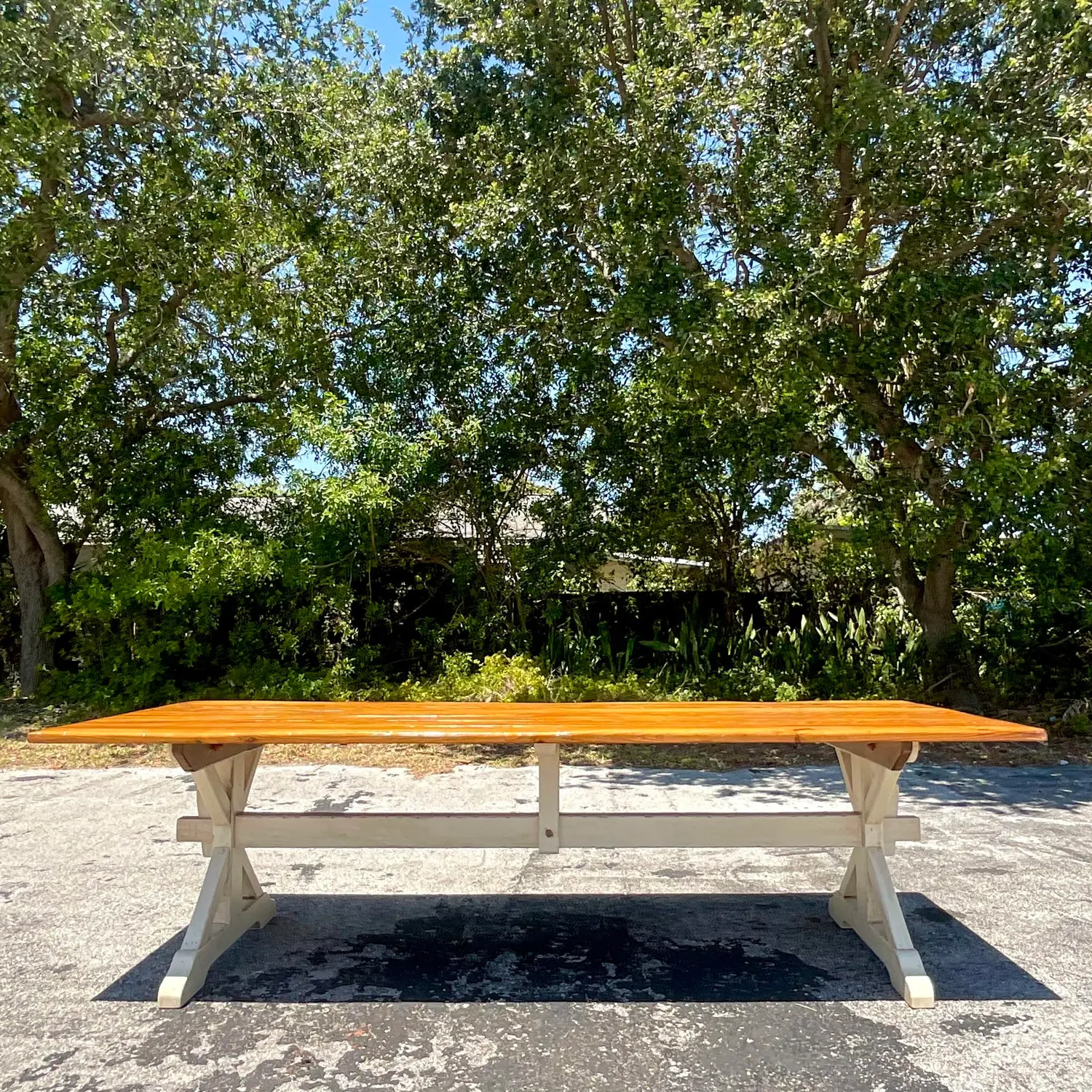 Late 20th Century Vintage Boho Trestle Plank Farm Table - Side view