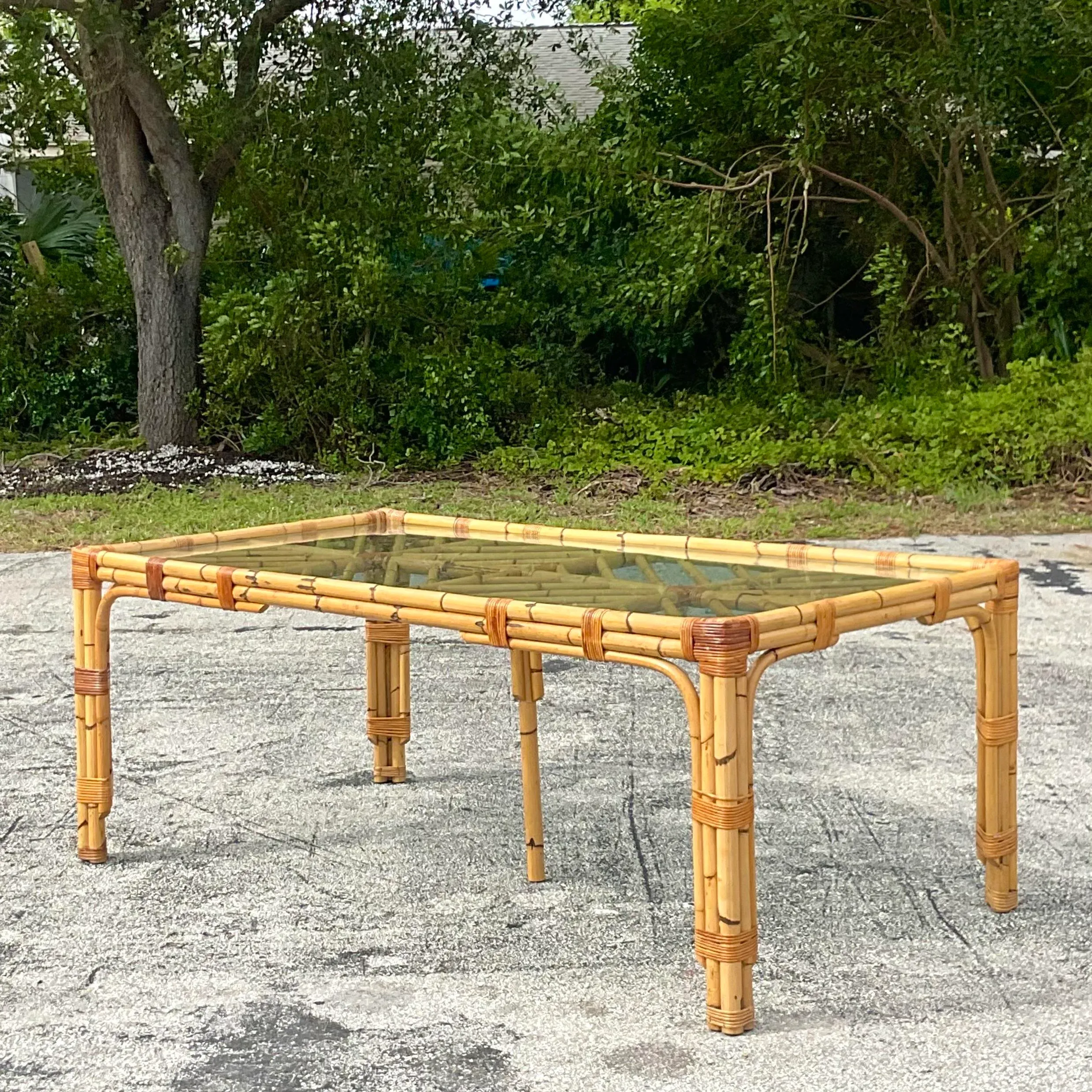 Late 20th Century Vintage Coastal Chevron Bamboo Dining Table - Side view