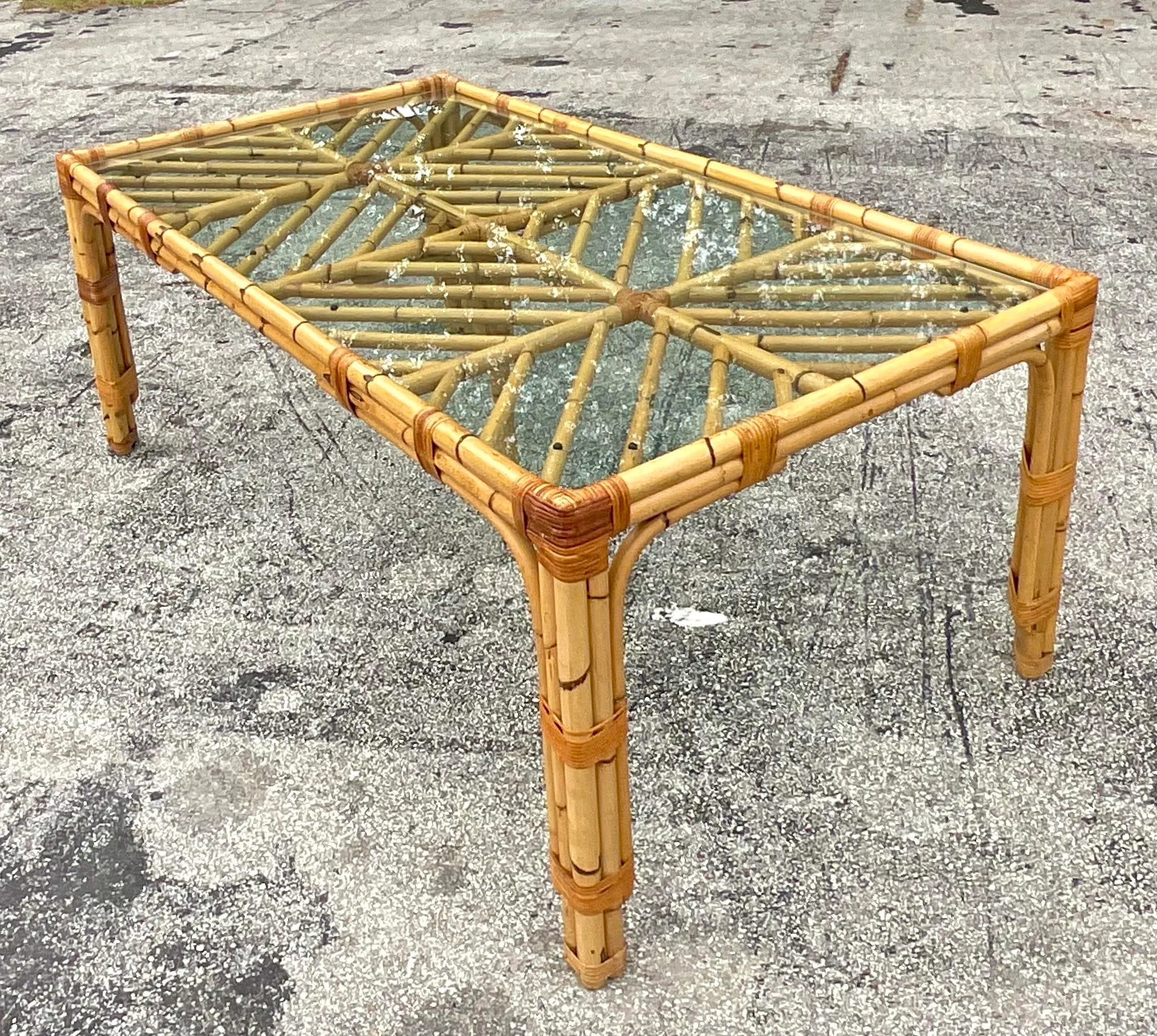 Late 20th Century Vintage Coastal Chevron Bamboo Dining Table - Detail view