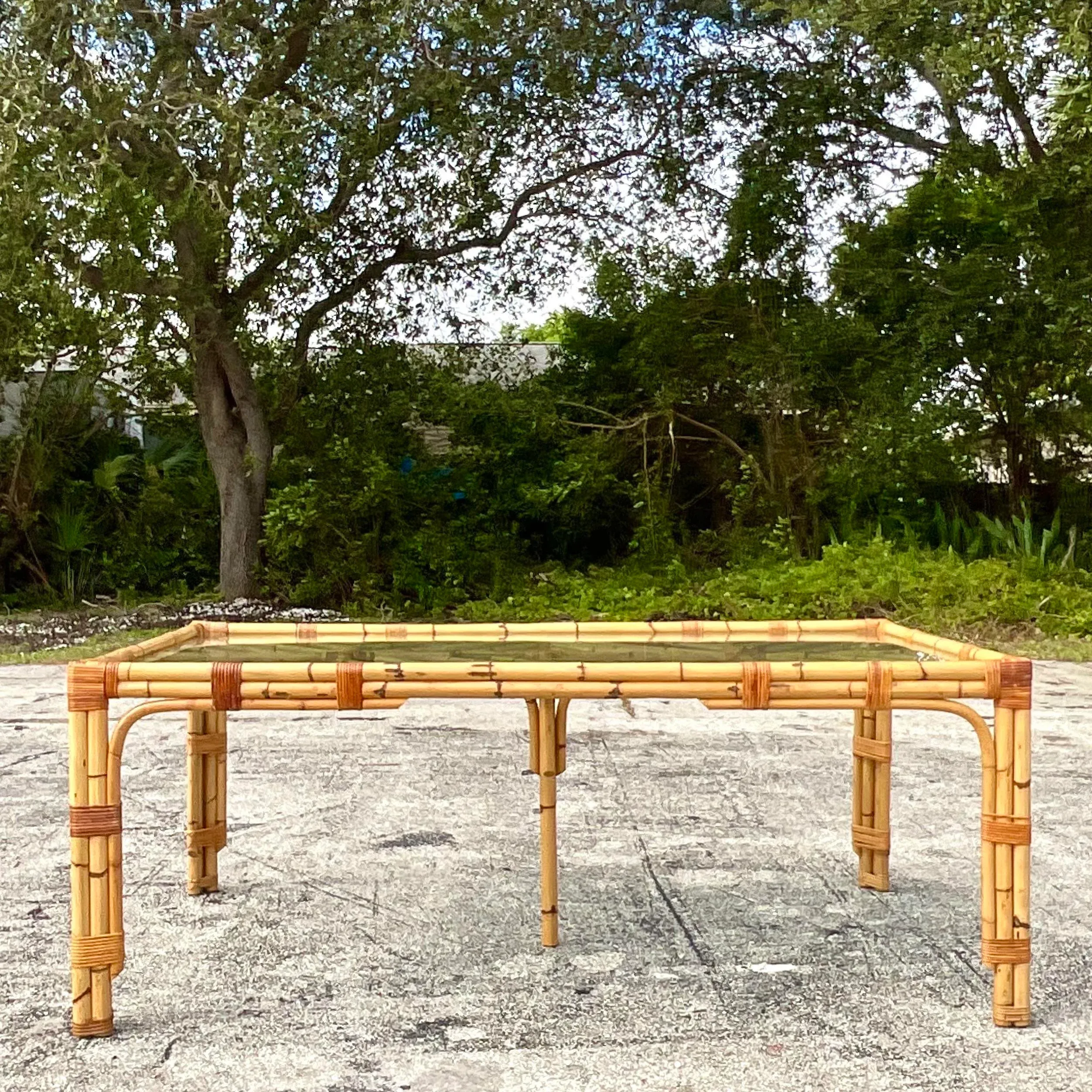 Late 20th Century Vintage Coastal Chevron Bamboo Dining Table - Back view