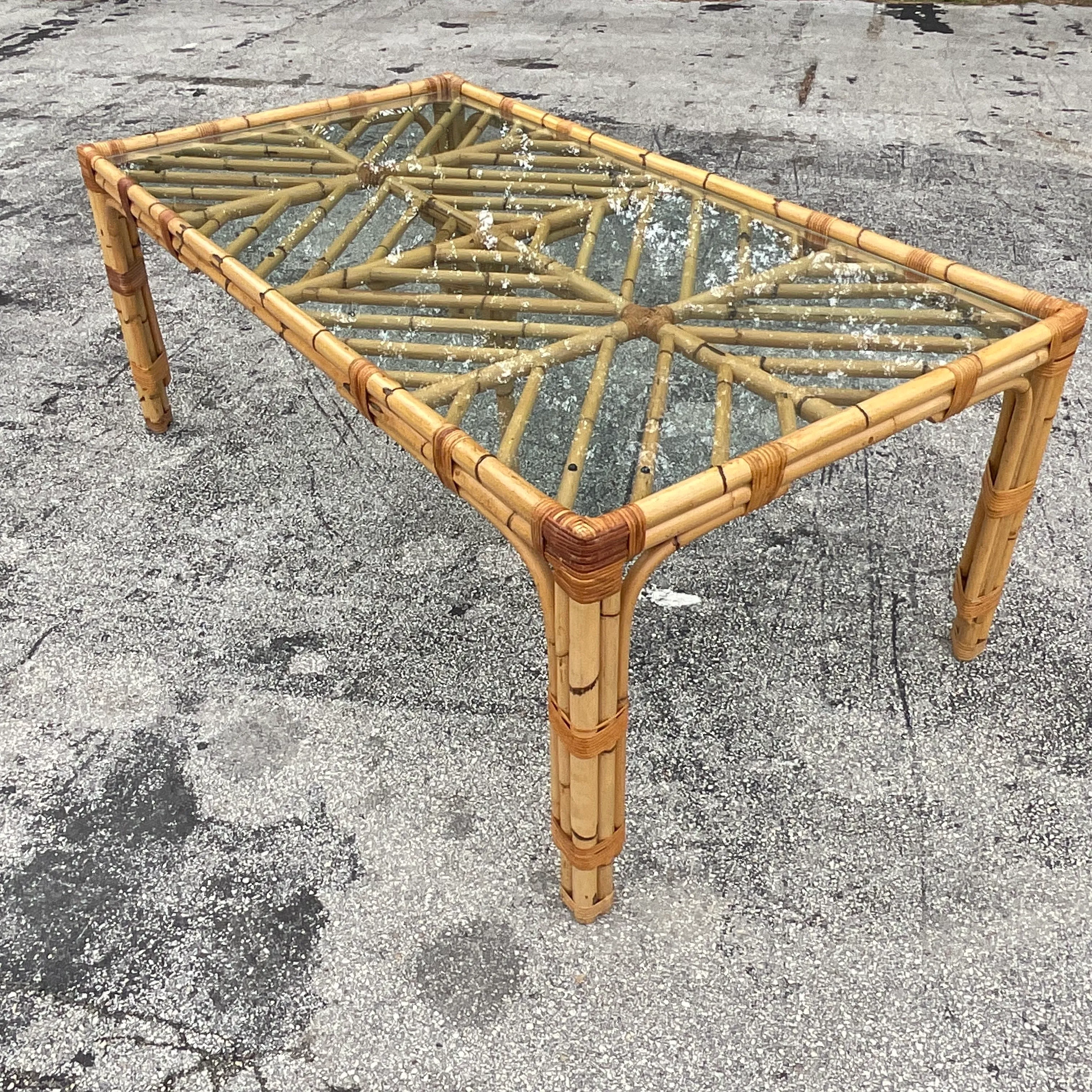 Late 20th Century Vintage Coastal Chevron Bamboo Dining Table - Top view