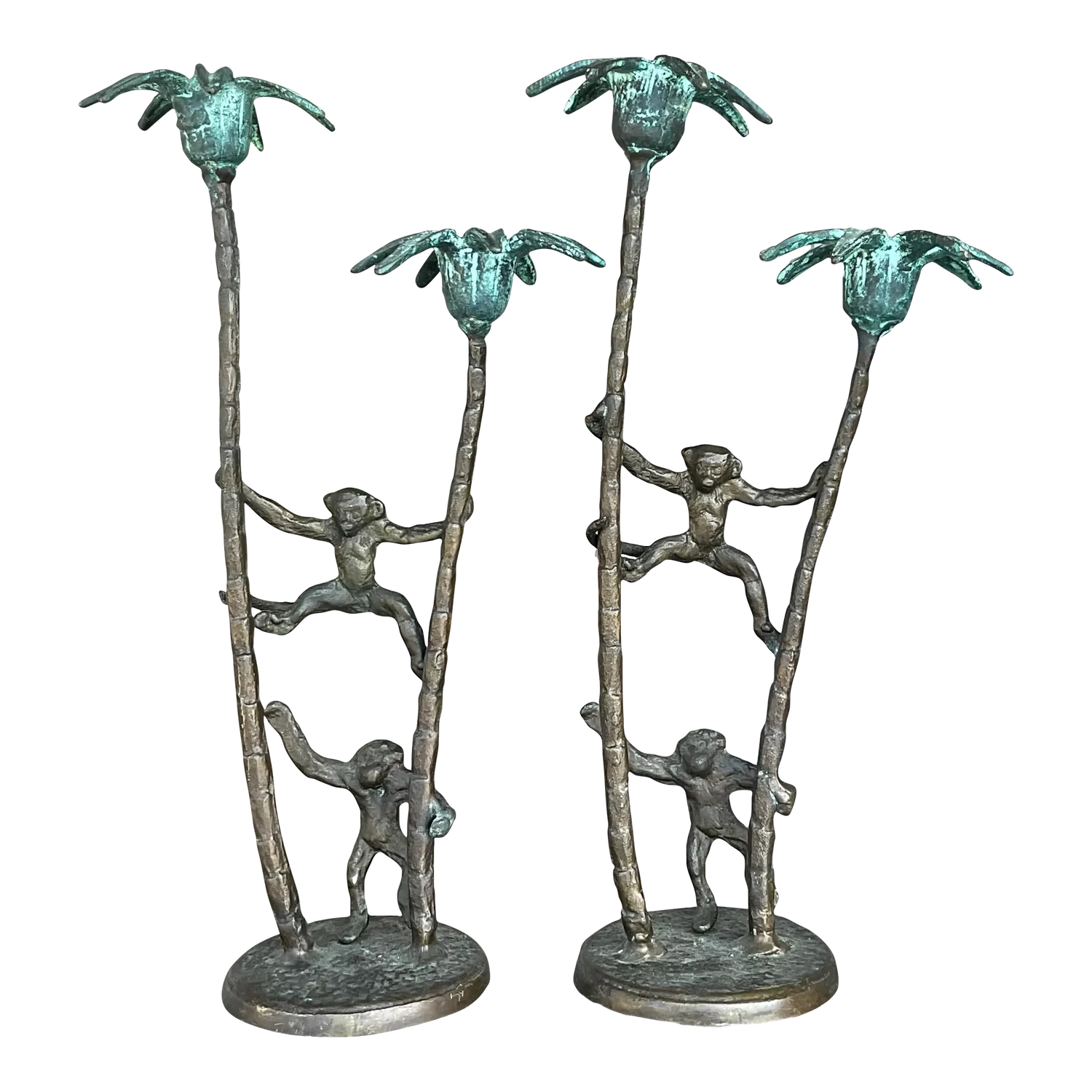 Late 20th Century Vintage Coastal Palm Tree With Monkeys Candlesticks - A Pair - Detail view