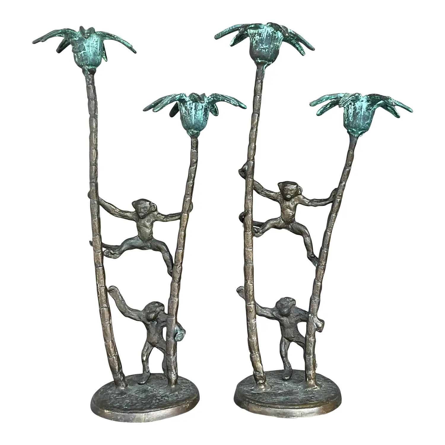 Late 20th Century Vintage Coastal Palm Tree With Monkeys Candlesticks - A Pair