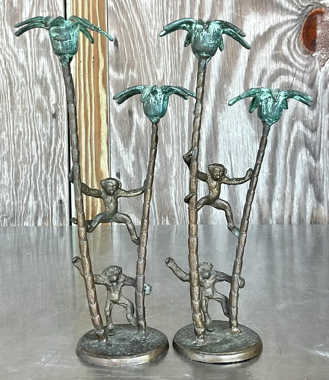 Late 20th Century Vintage Coastal Palm Tree With Monkeys Candlesticks - A Pair - Back view