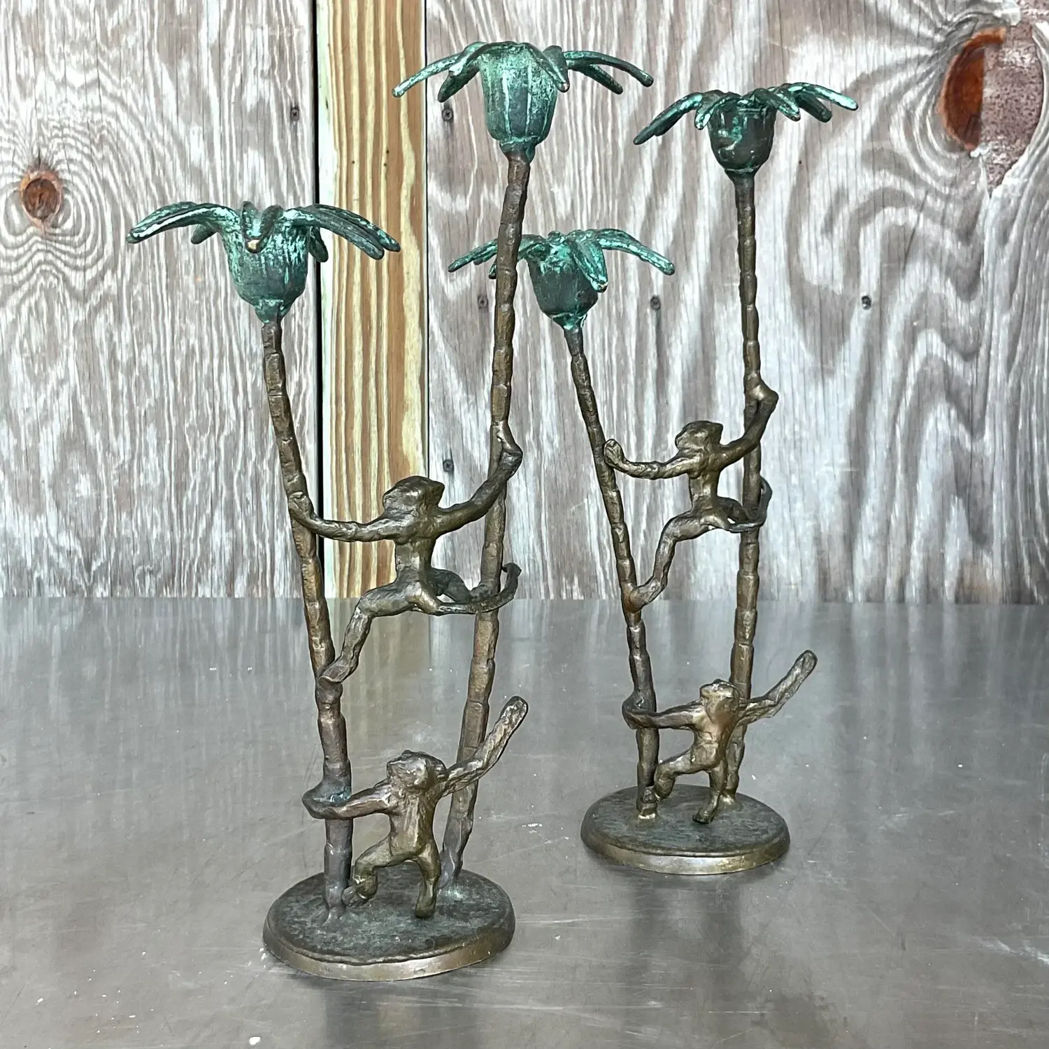 Late 20th Century Vintage Coastal Palm Tree With Monkeys Candlesticks - A Pair - Top view