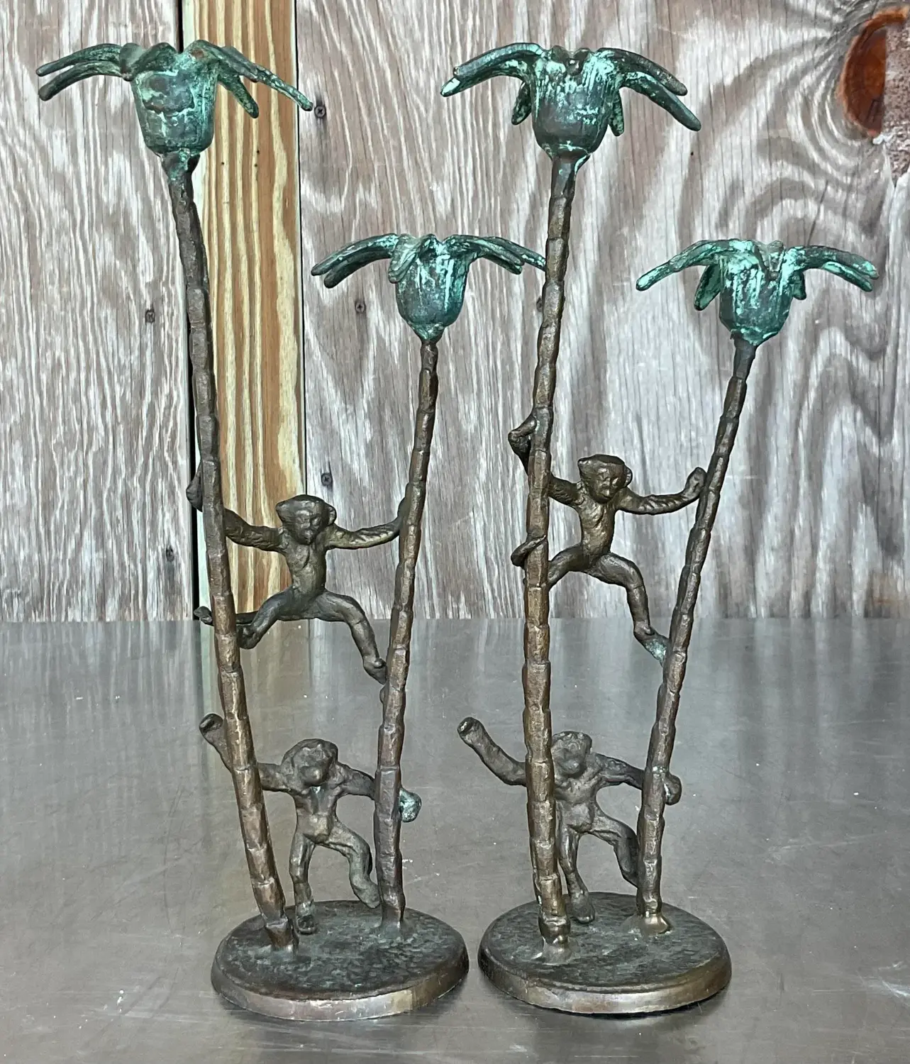 Late 20th Century Vintage Coastal Palm Tree With Monkeys Candlesticks - A Pair - Side view