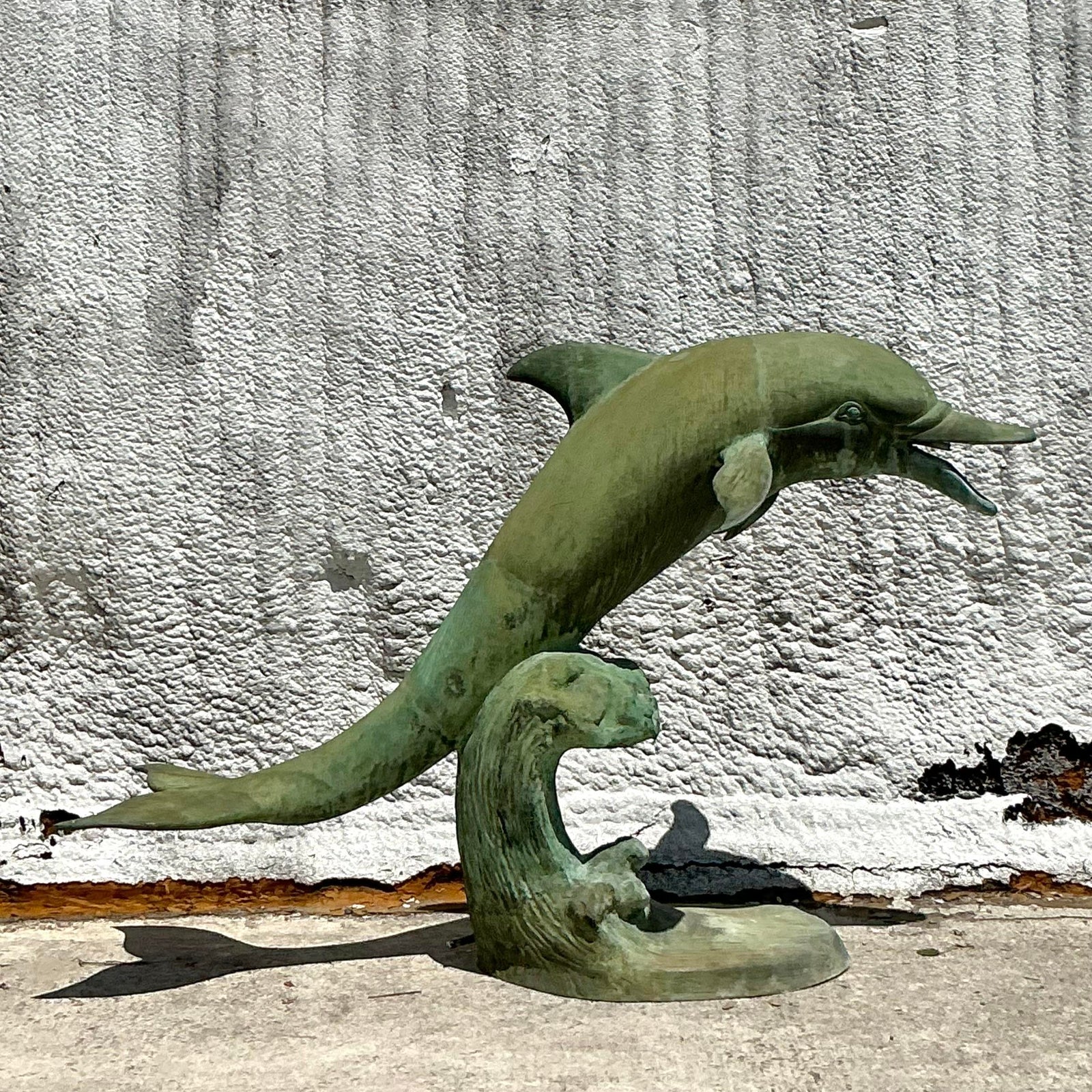 Late 20th Century Vintage Coastal Patinated Bronze Dolphin Sculpture - Side view