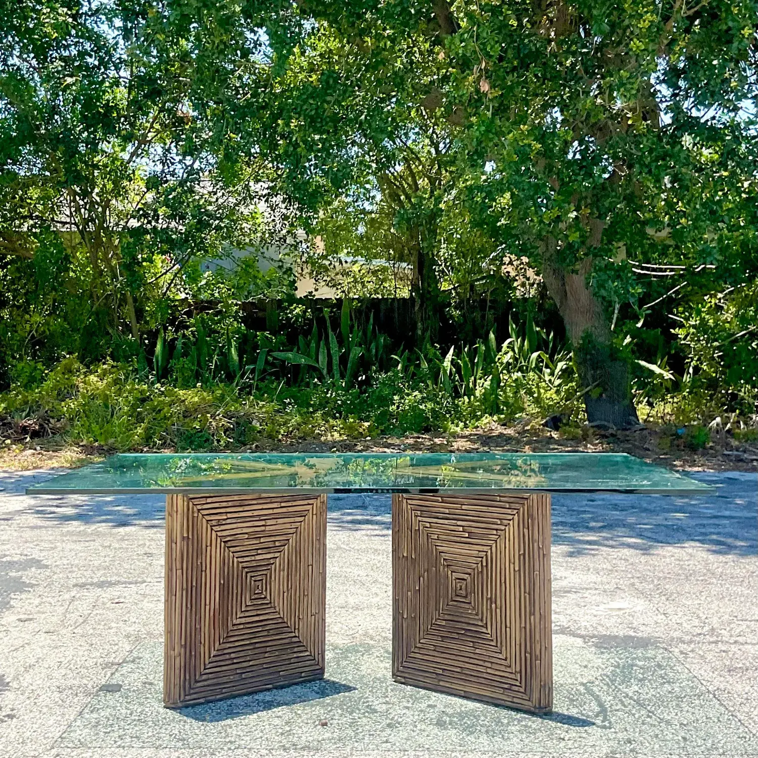 Late 20th Century Vintage Coastal Pencil Reed Coffee Table Pedestals - a Pair - Top view