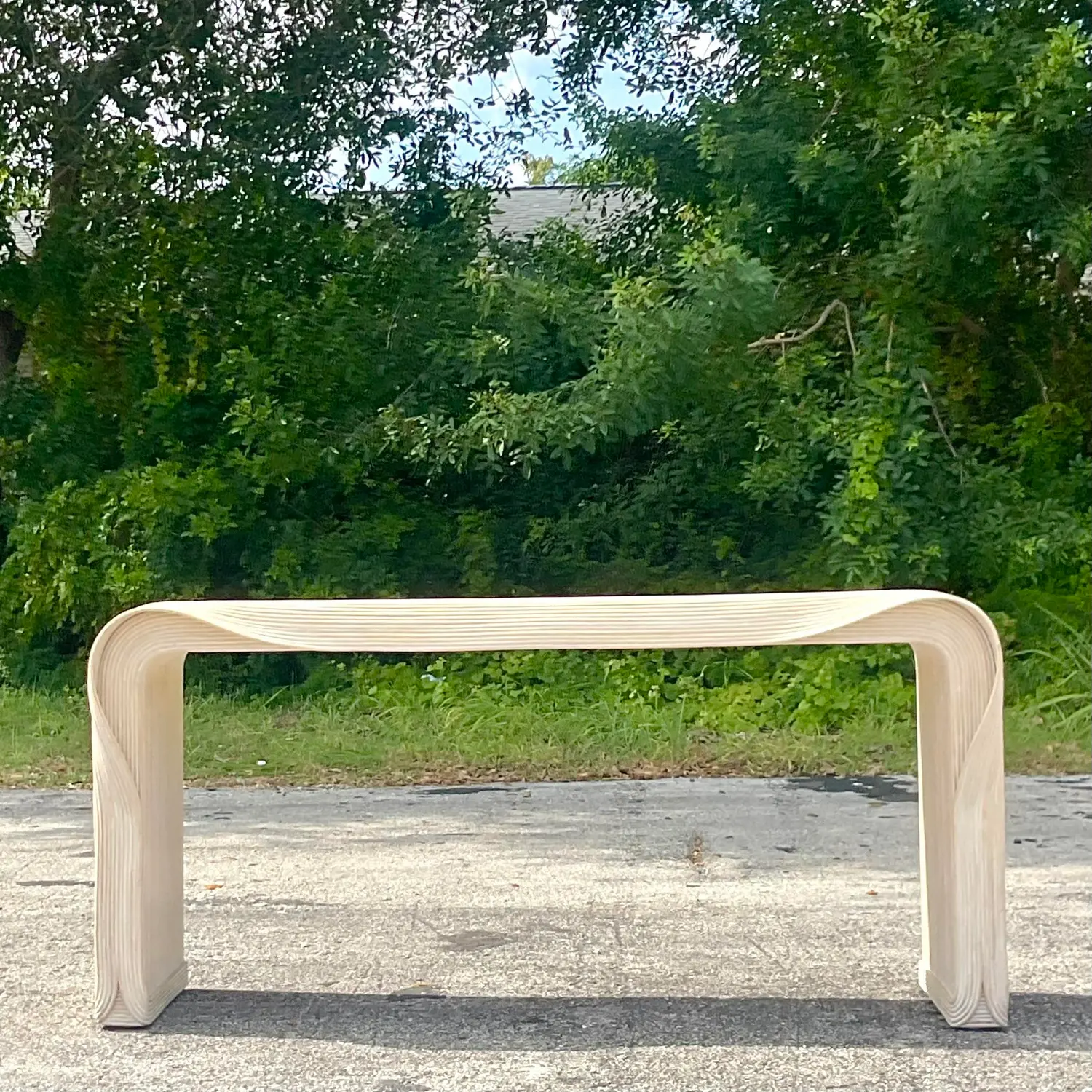 Late 20th Century Vintage Coastal Pencil Reed Wave Console After Betty Cobonpue - Side view