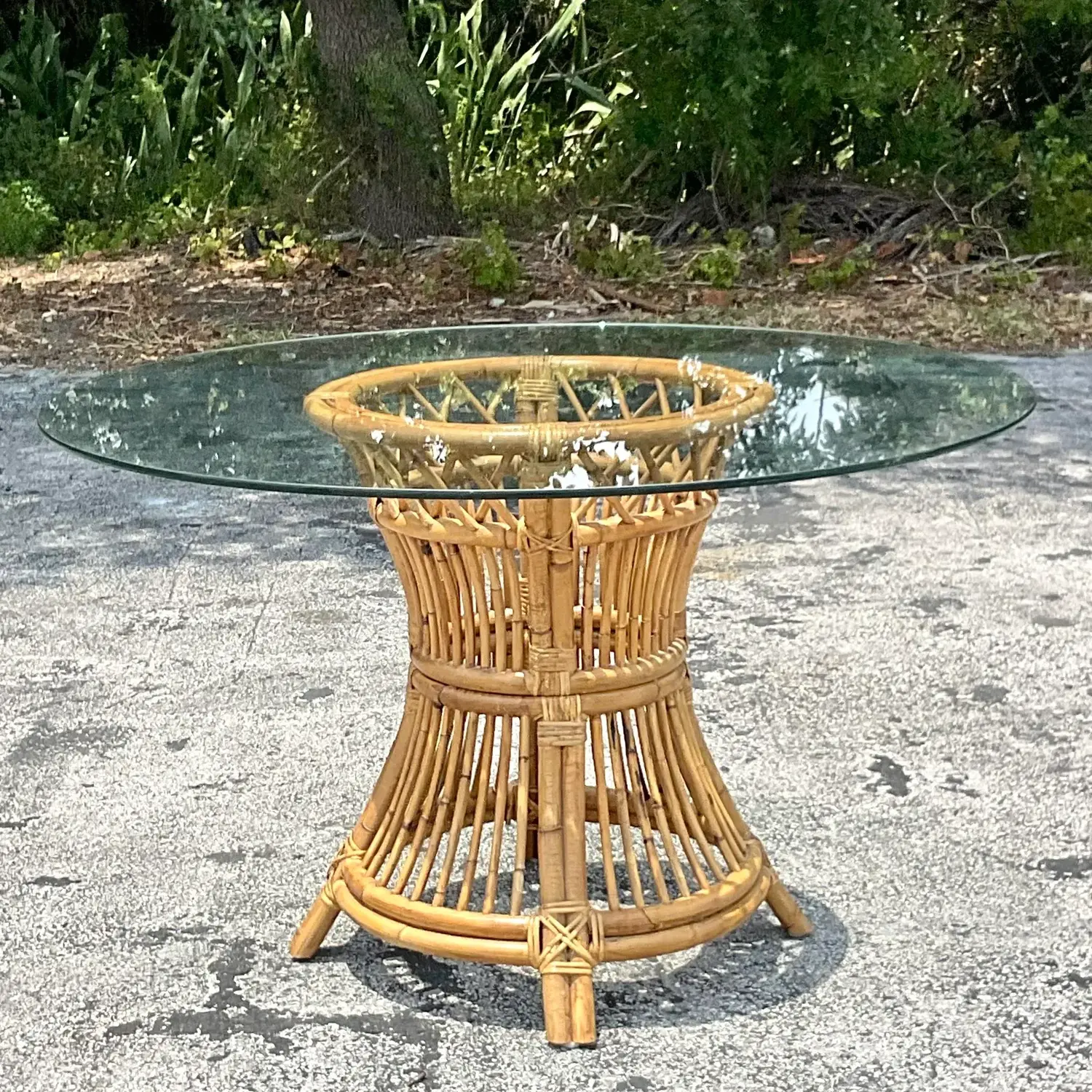 Late 20th Century Vintage Coastal Trellis Rattan Dining Table - Side view