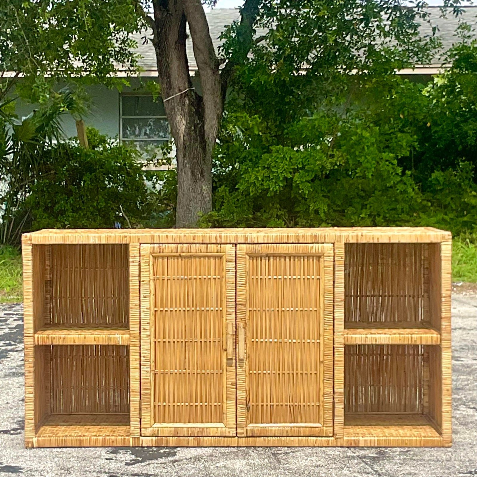 Late 20th Century Vintage Coastal Woven Rattan Credenza - Back view