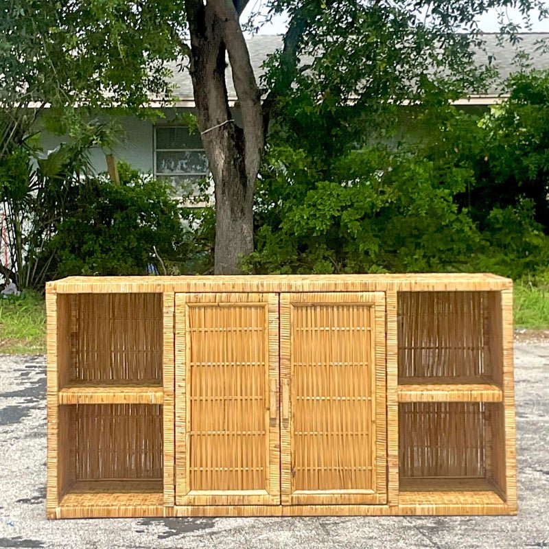 Late 20th Century Vintage Coastal Woven Rattan Credenza - Top view