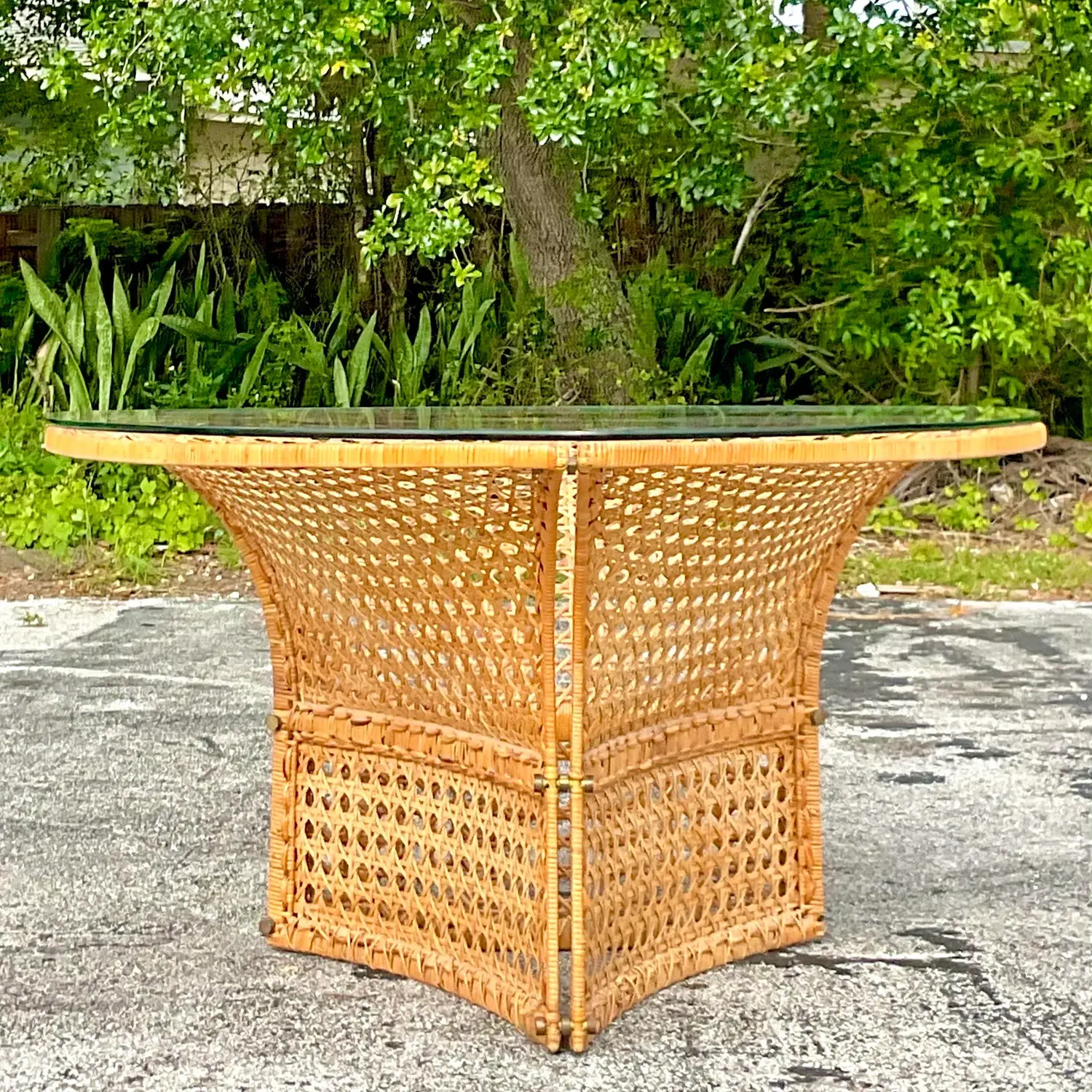 Late 20th Century Vintage Coastal Woven Rattan Dining Table After Danny Ho Fong - Side view