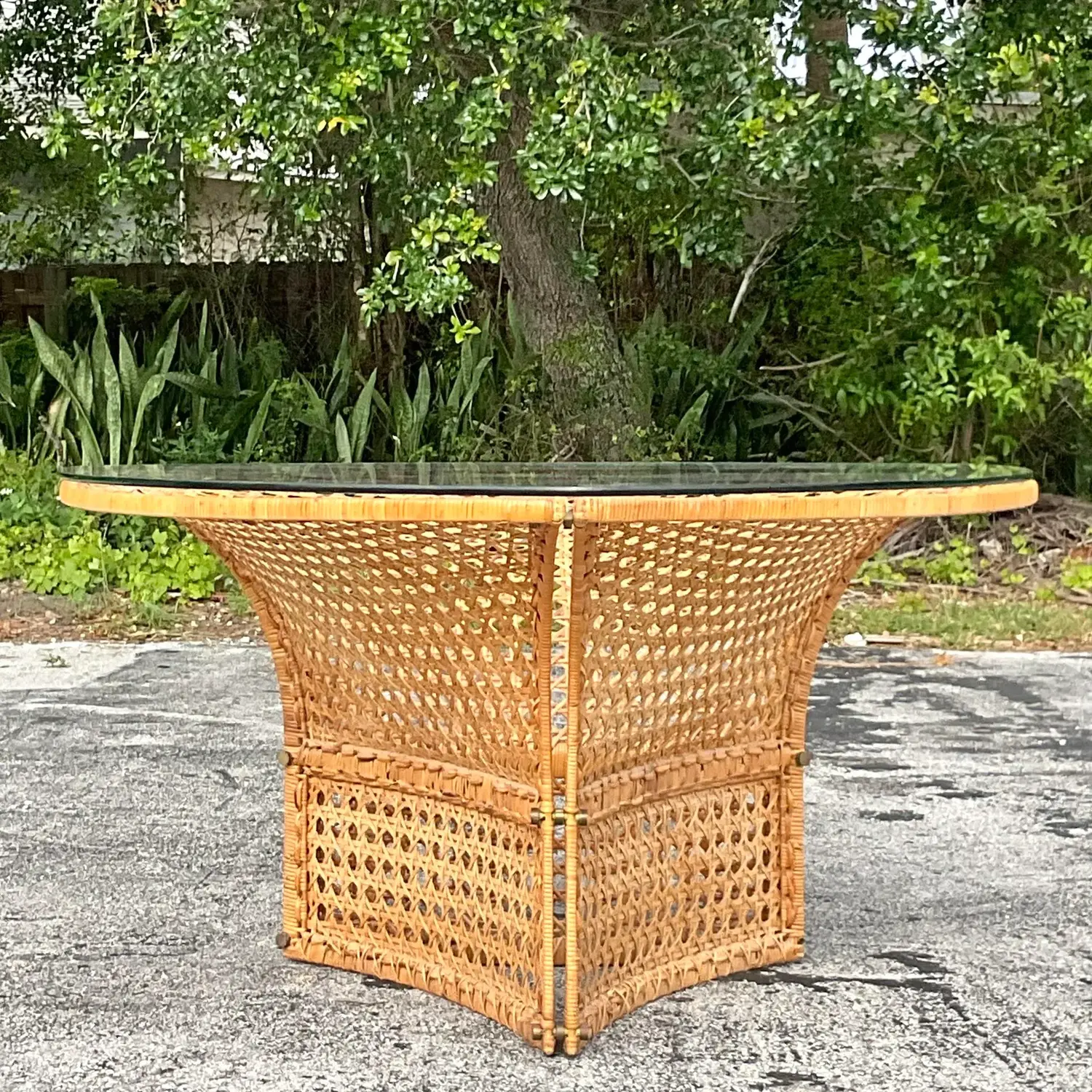 Late 20th Century Vintage Coastal Woven Rattan Dining Table After Danny Ho Fong - Back view