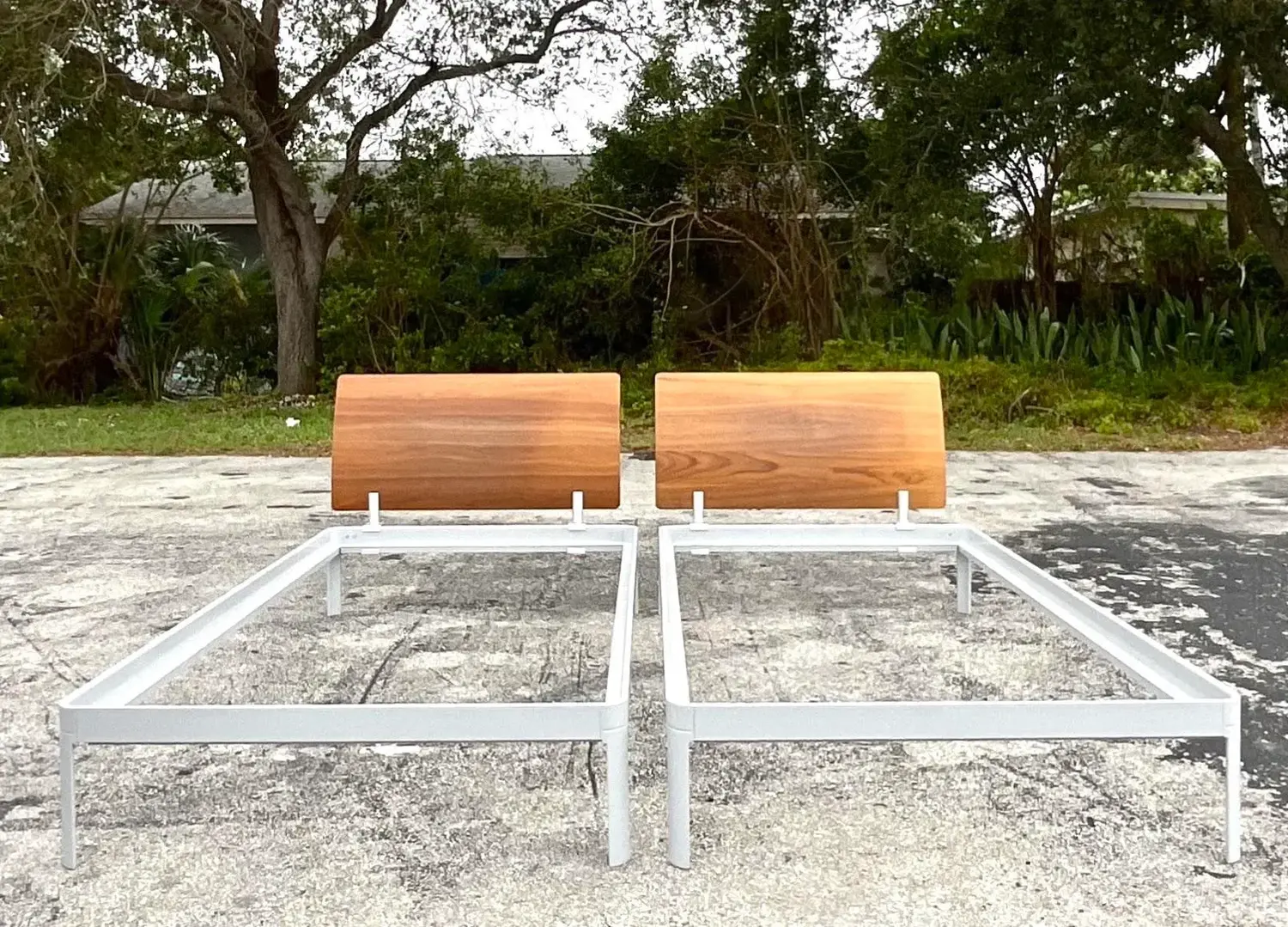 Late 20th Century Vintage Contemporary Wood Flared Twin Beds - a Pair - Side view