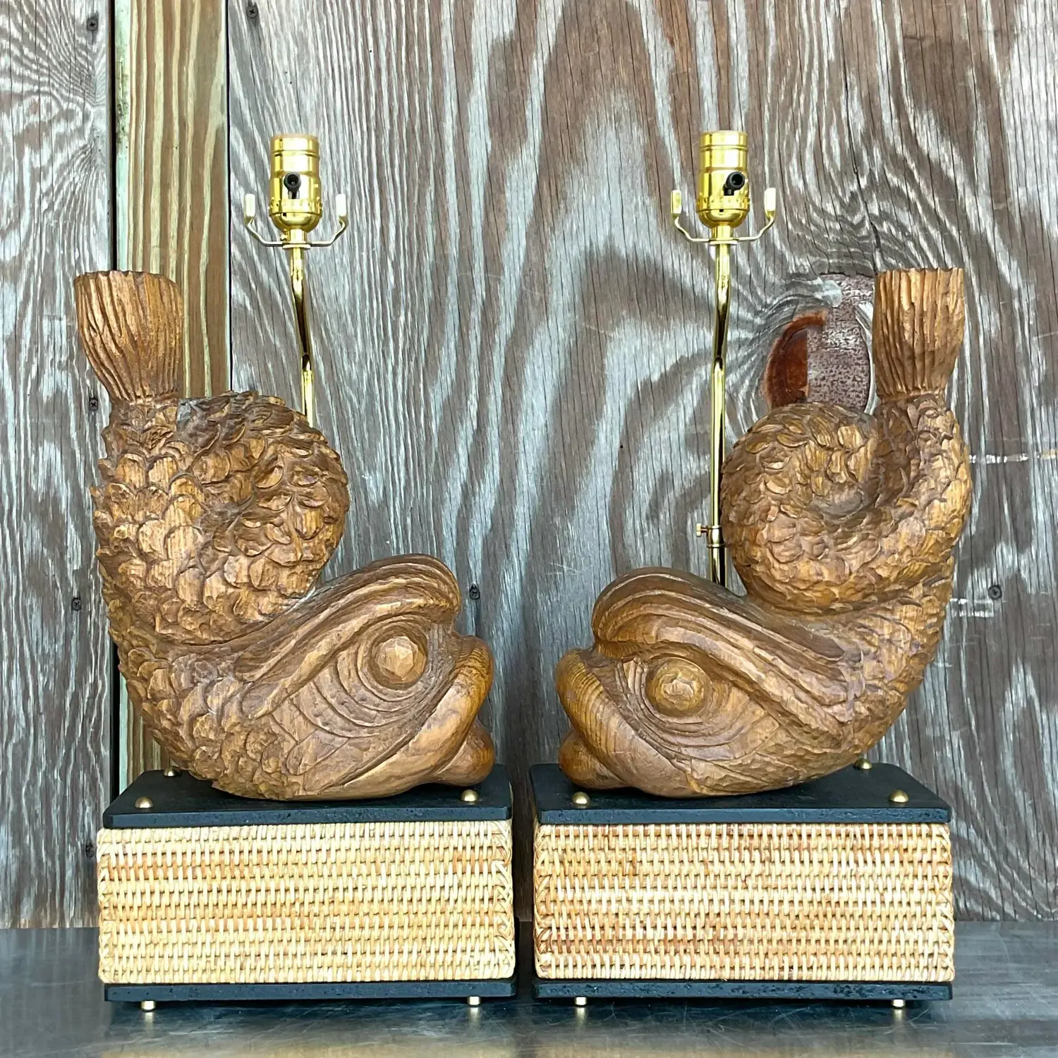 Late 20th Century Vintage Hand Carved Dolphin Lamps - a Pair - Top view
