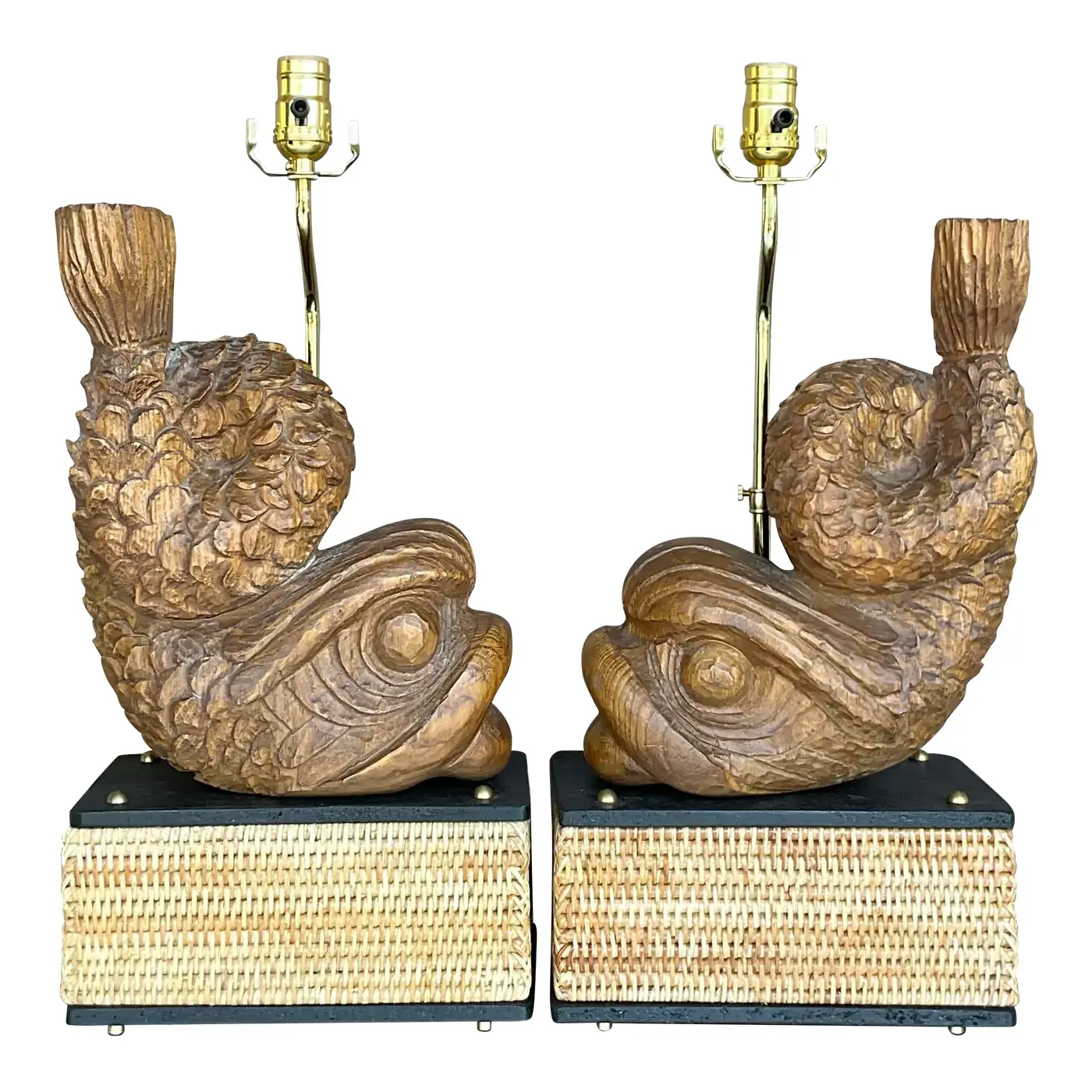 Late 20th Century Vintage Hand Carved Dolphin Lamps - a Pair