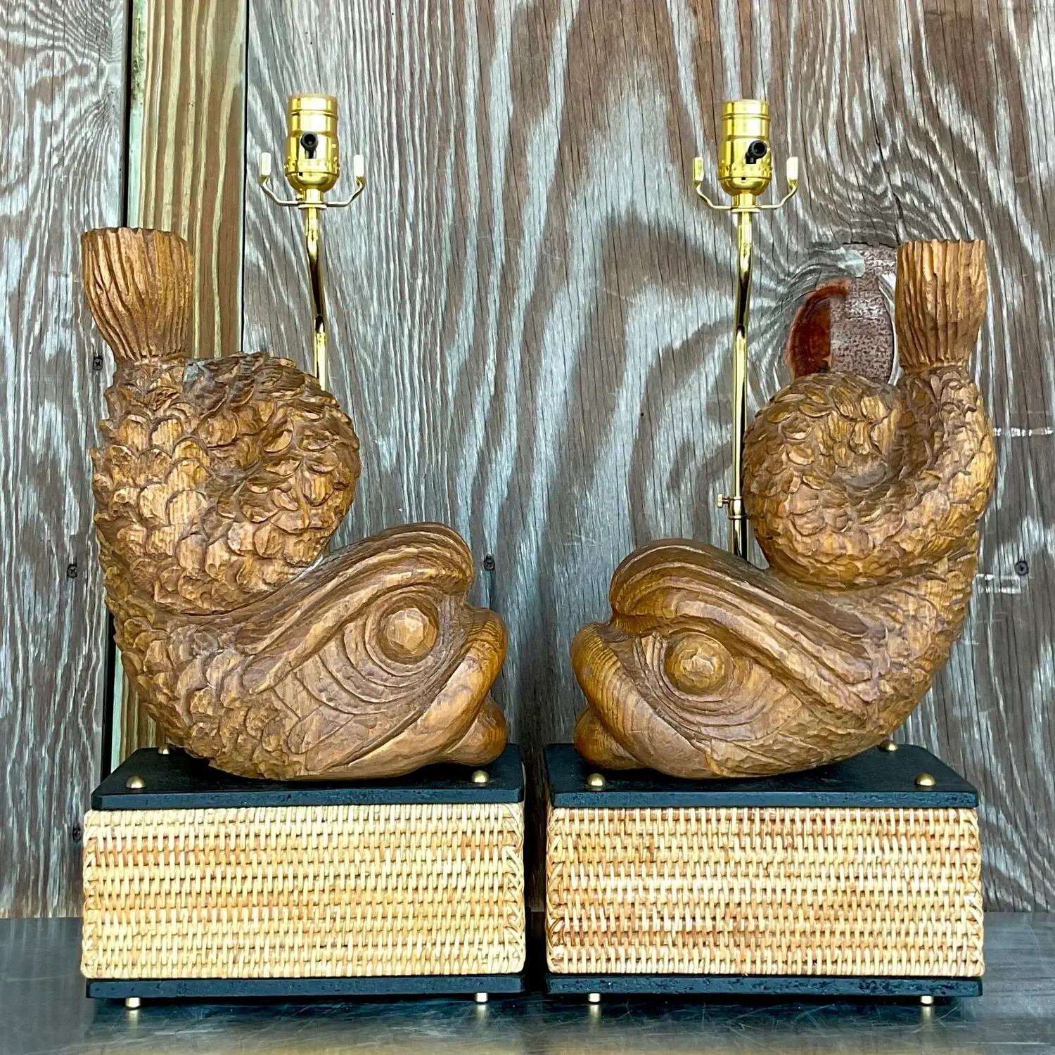 Late 20th Century Vintage Hand Carved Dolphin Lamps - a Pair - Side view