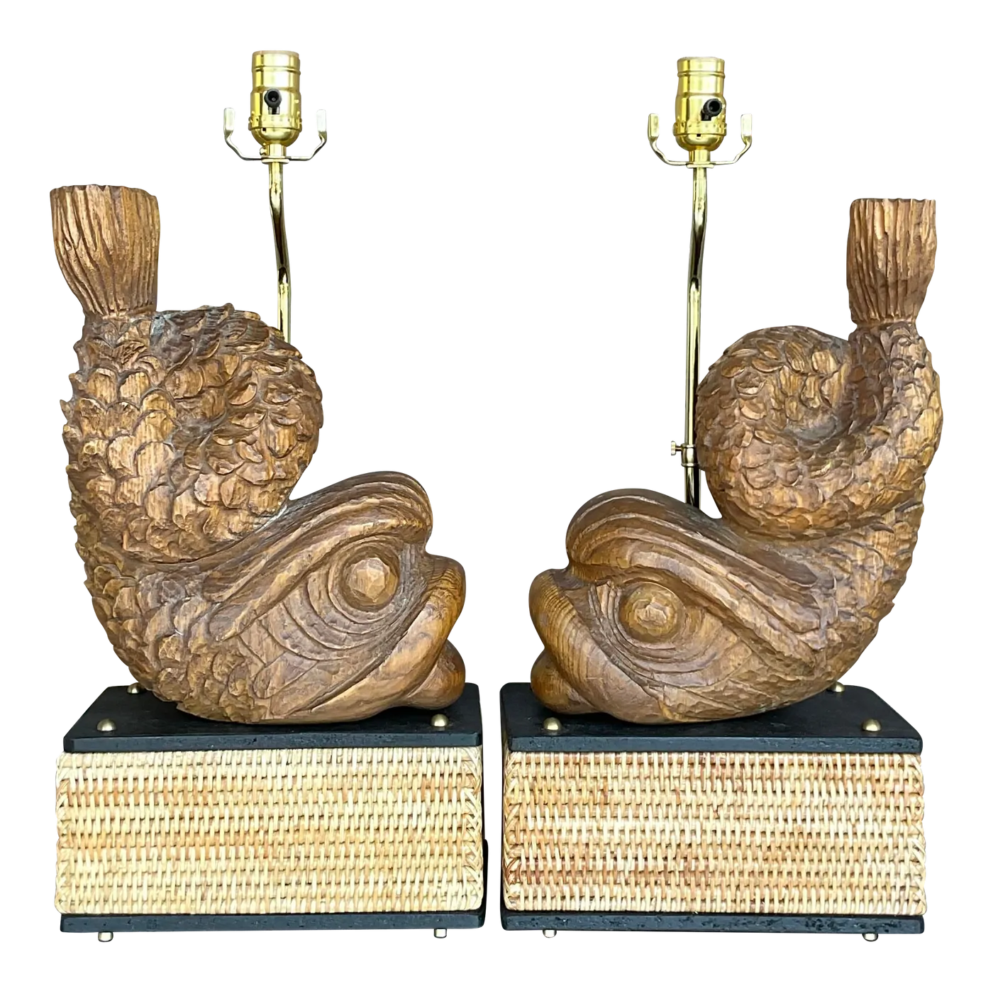 Late 20th Century Vintage Hand Carved Dolphin Lamps - a Pair - Detail view