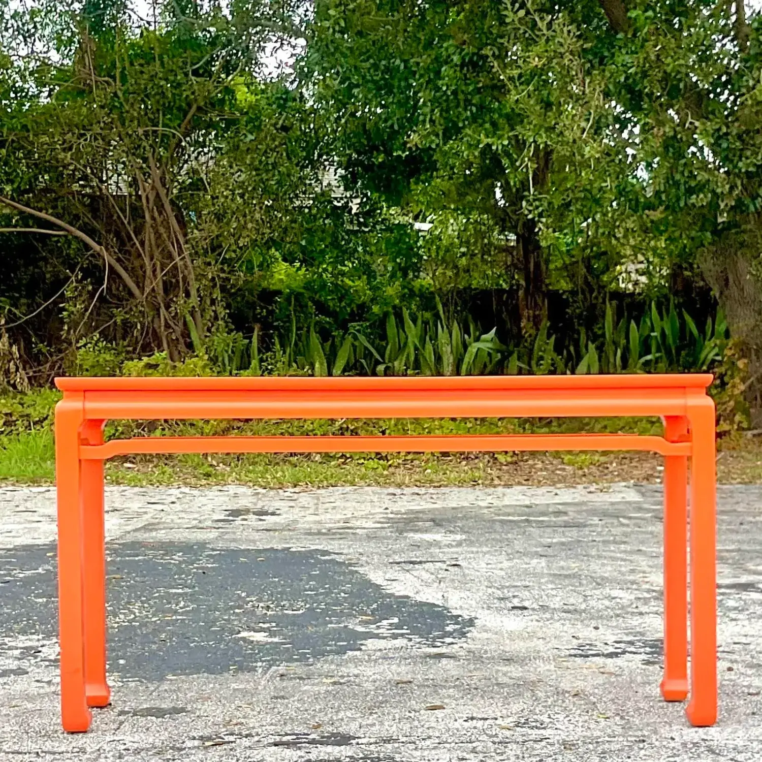 Late 20th Century Vintage Regency Orange Lacquered Fretwork Console Table - Detail view