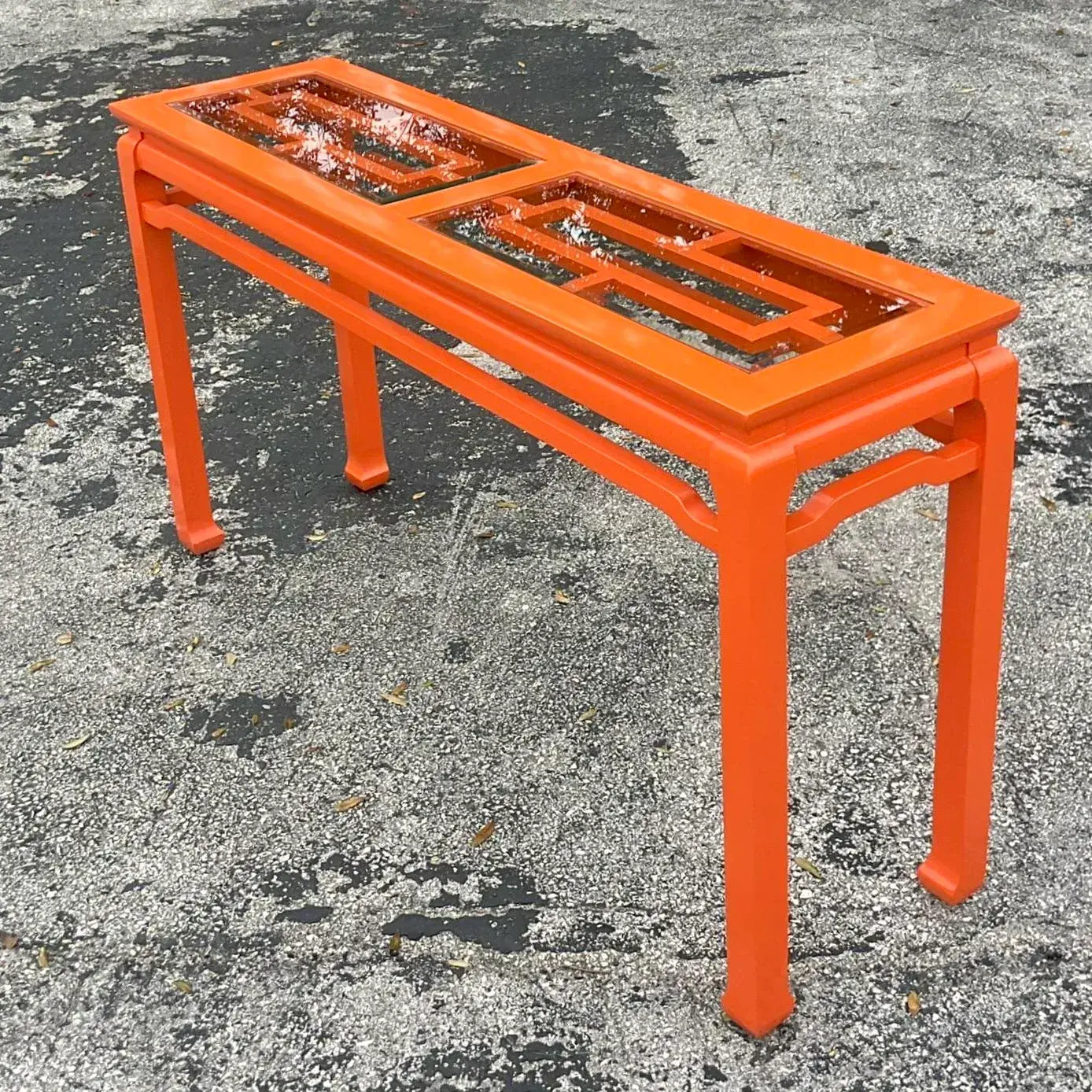 Late 20th Century Vintage Regency Orange Lacquered Fretwork Console Table - Side view