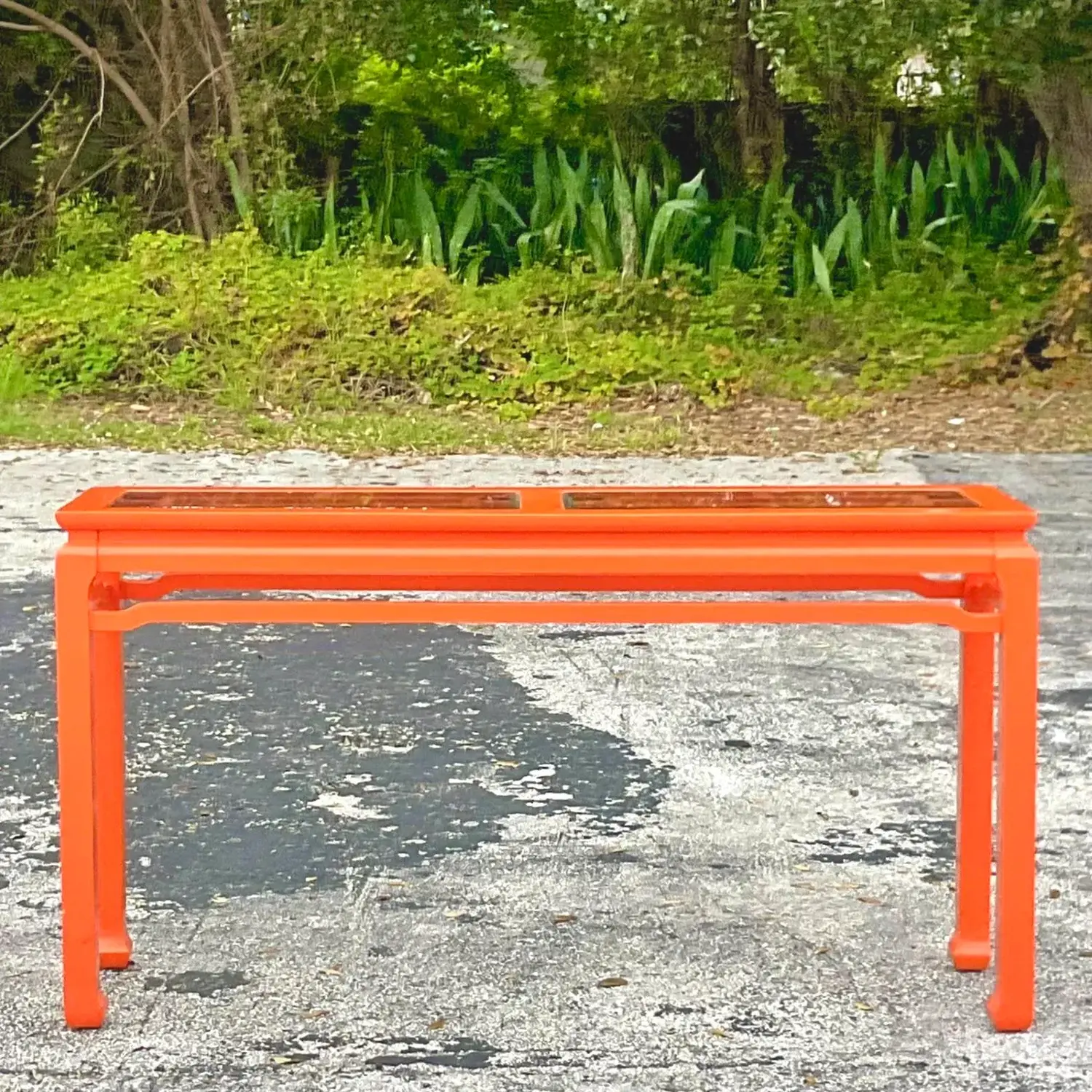 Late 20th Century Vintage Regency Orange Lacquered Fretwork Console Table - Back view