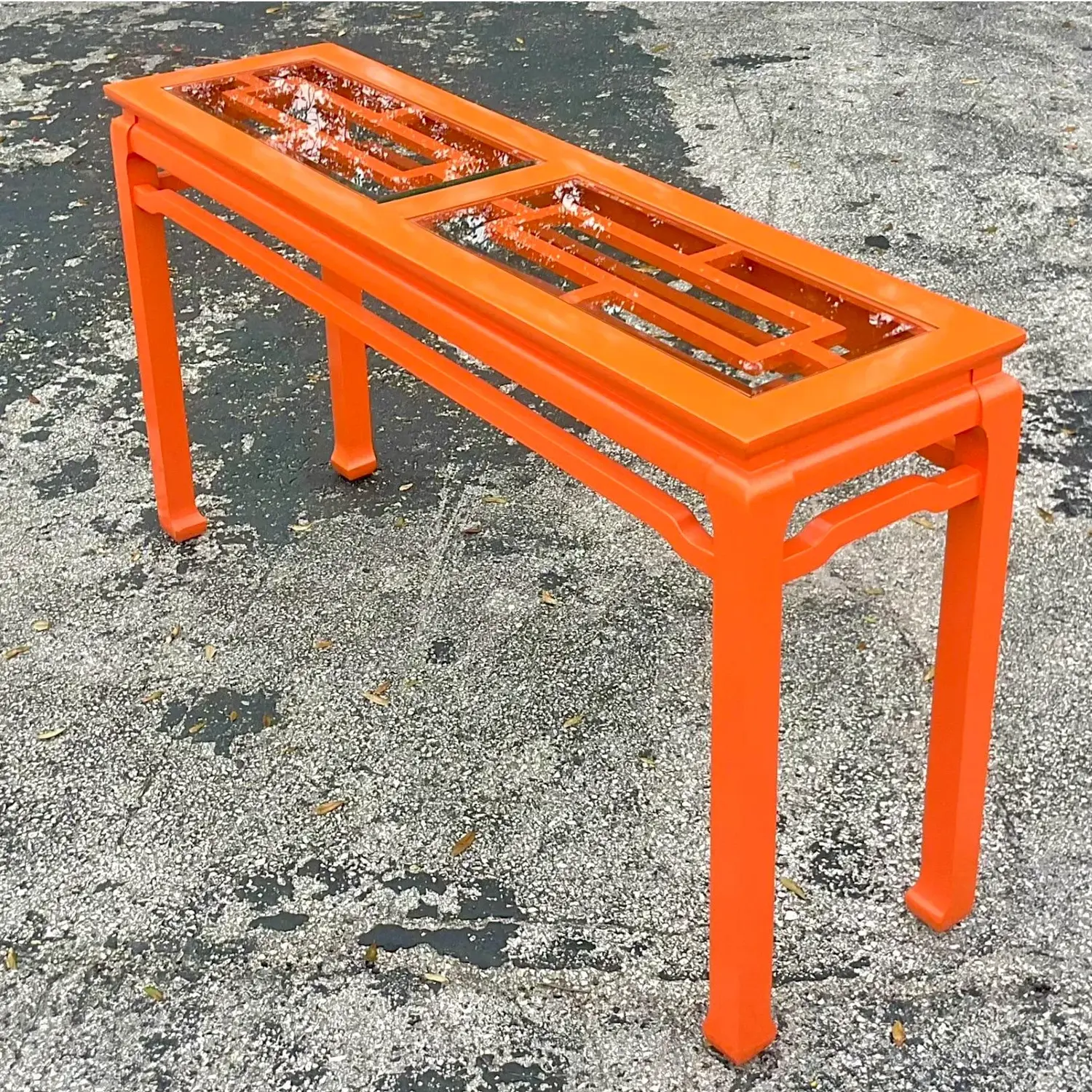 Late 20th Century Vintage Regency Orange Lacquered Fretwork Console Table - Top view