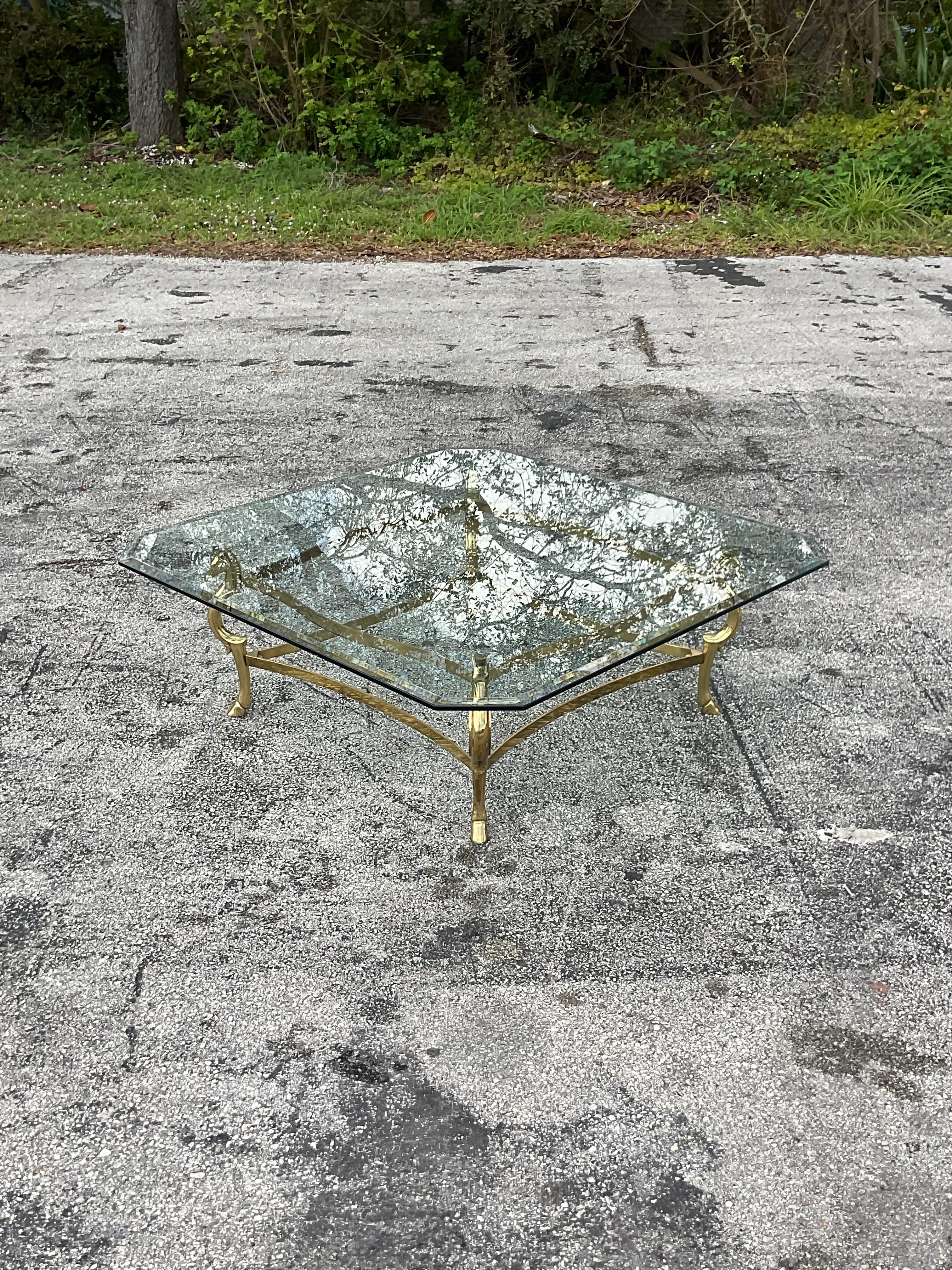 Late 20th Century Vintage Regency Polished Brass Horse Head Coffee Table After Maison Jensen - Top view