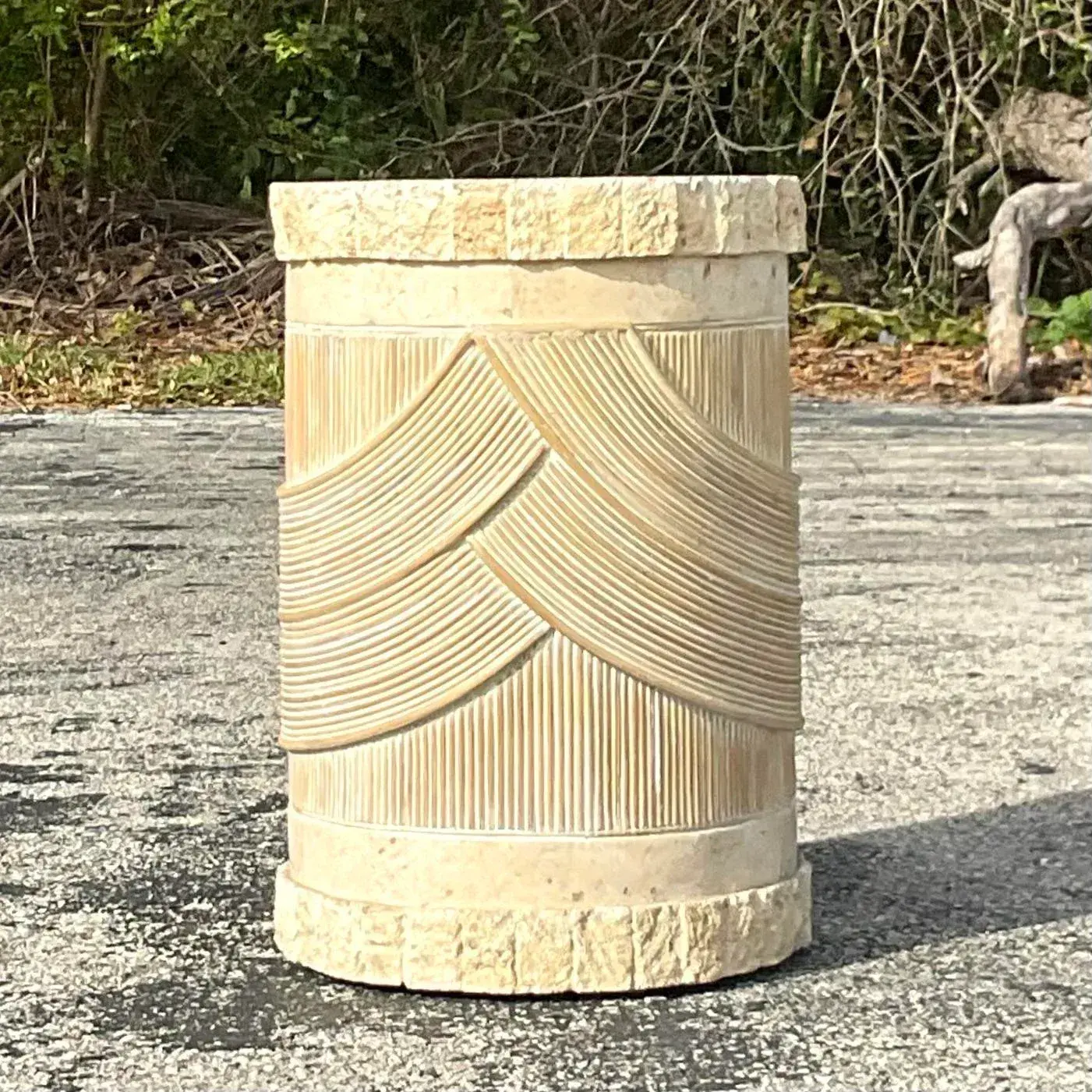 Late 20th Century Vintage Washed Pencil Reed & Tessellated Stone Pedestal - Side view