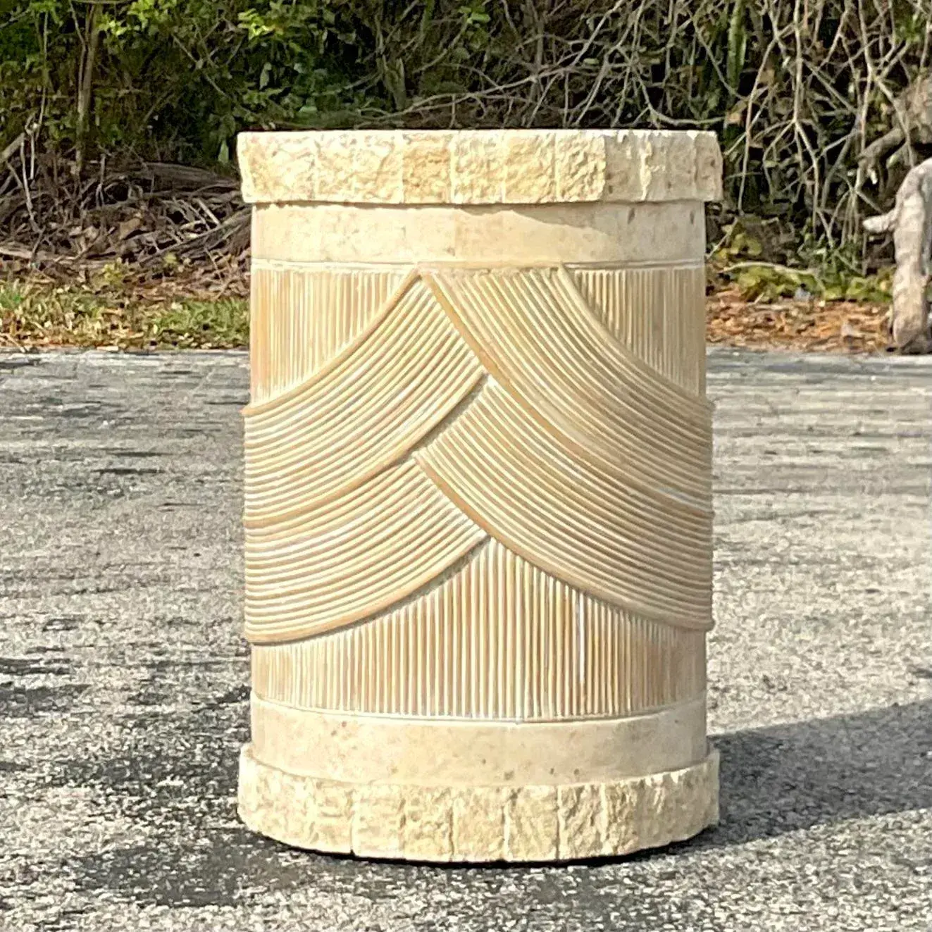 Late 20th Century Vintage Washed Pencil Reed & Tessellated Stone Pedestal - Detail view