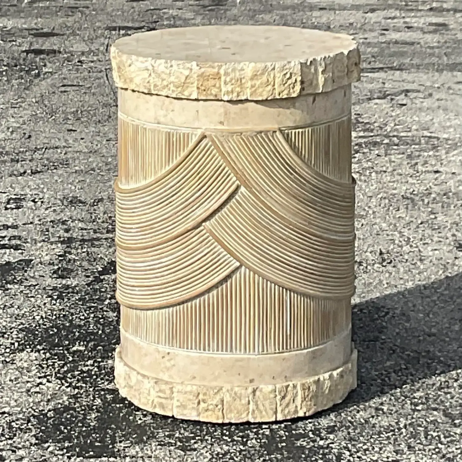 Late 20th Century Vintage Washed Pencil Reed & Tessellated Stone Pedestal - Top view