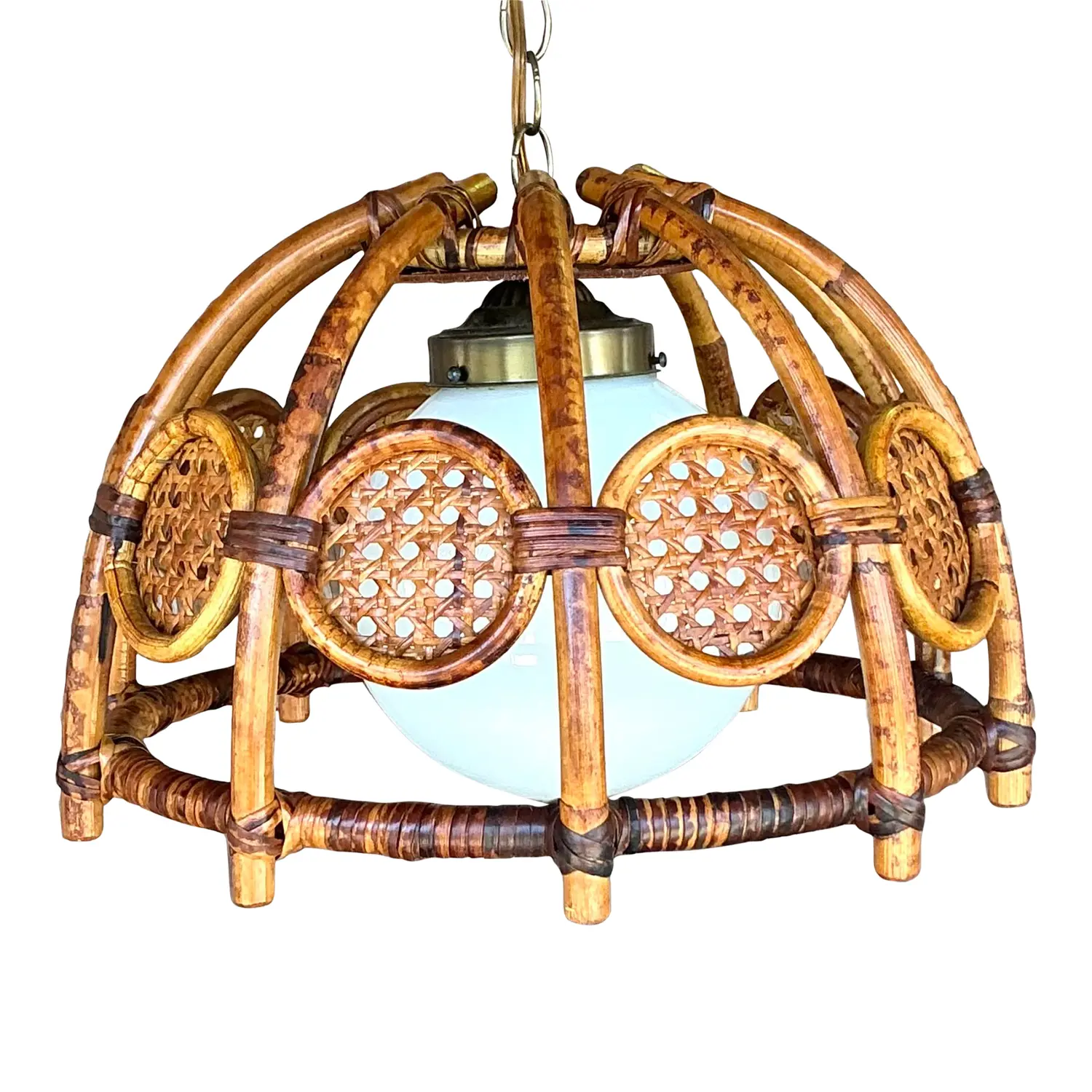 Mid 20th Century Boho Bent Bamboo and Cane Chandelier