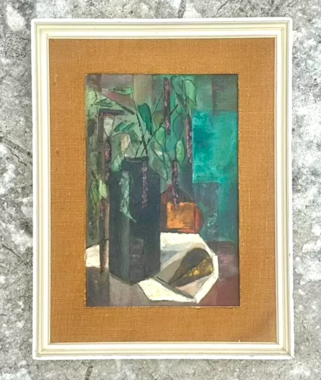 Mid 20th Century Vintage Boho Abstract Expressionist Still Life Oil Painting - Back view