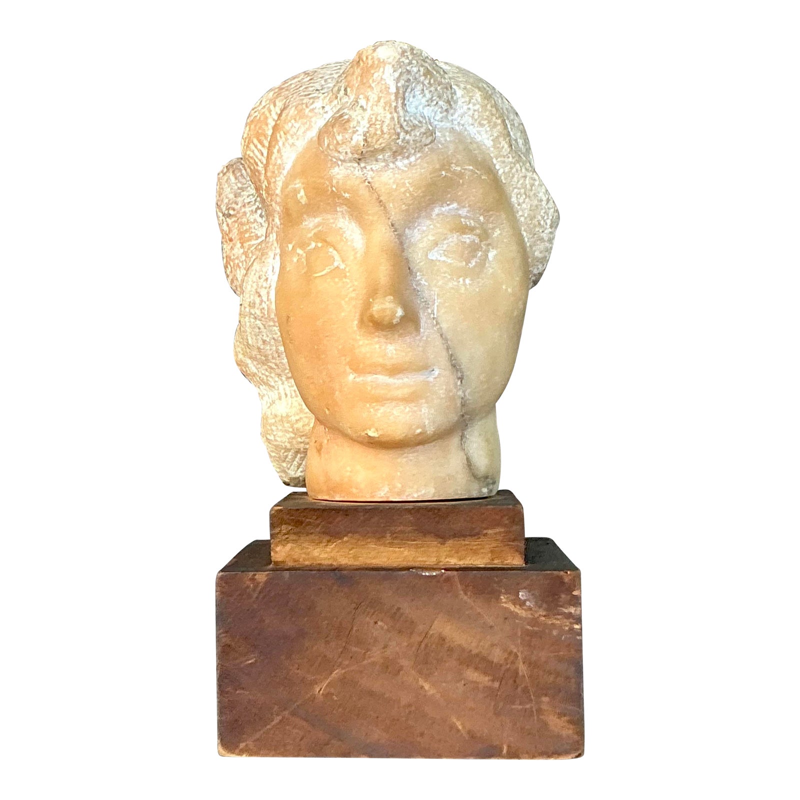 Mid 20th Century Vintage Boho Carved Stone Bust of Woman Sculpture - Detail view