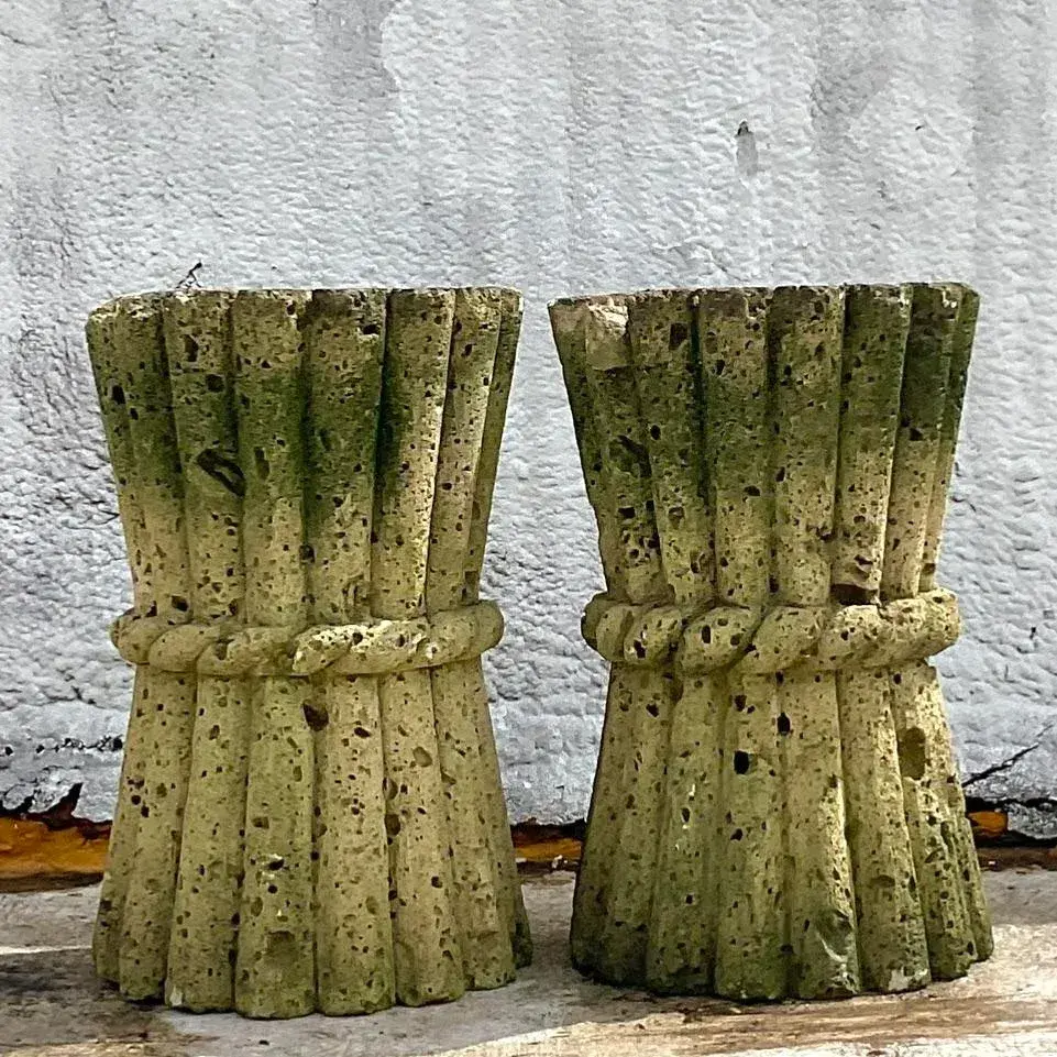 Mid 20th Century Vintage Boho Cut Coquina Stone Bamboo Table Pedestals - a Pair - Back view