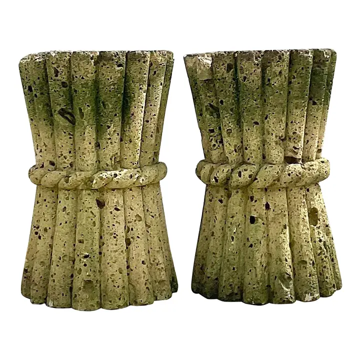 Mid 20th Century Vintage Boho Cut Coquina Stone Bamboo Table Pedestals - a Pair