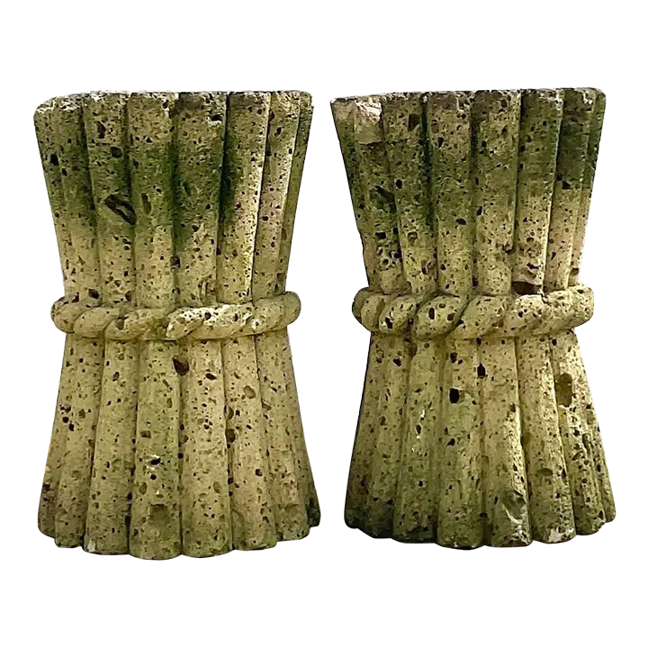 Mid 20th Century Vintage Boho Cut Coquina Stone Bamboo Table Pedestals - a Pair - Detail view