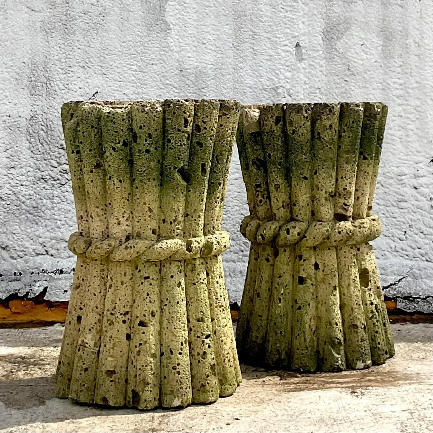 Mid 20th Century Vintage Boho Cut Coquina Stone Bamboo Table Pedestals - a Pair - Side view