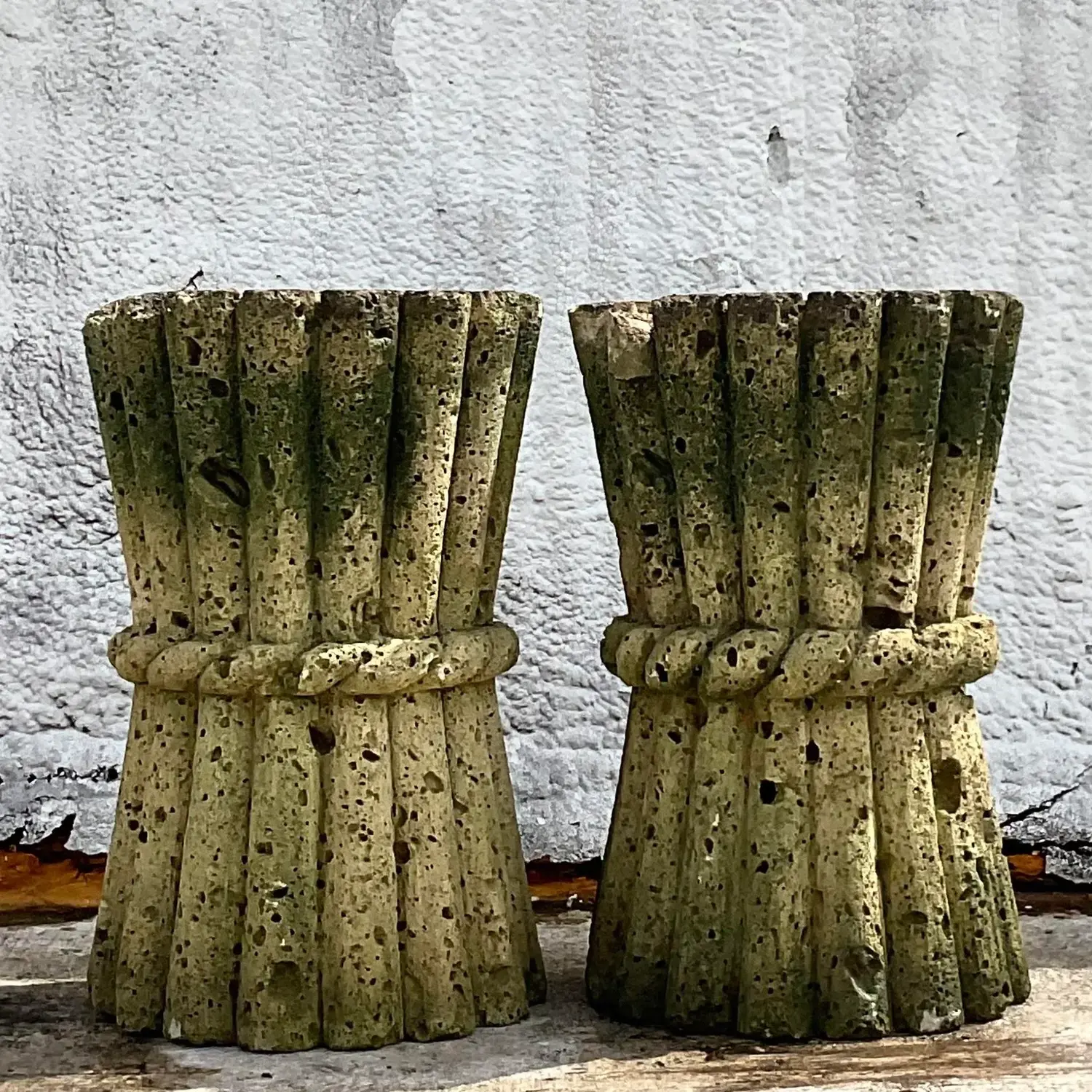 Mid 20th Century Vintage Boho Cut Coquina Stone Bamboo Table Pedestals - a Pair - Top view