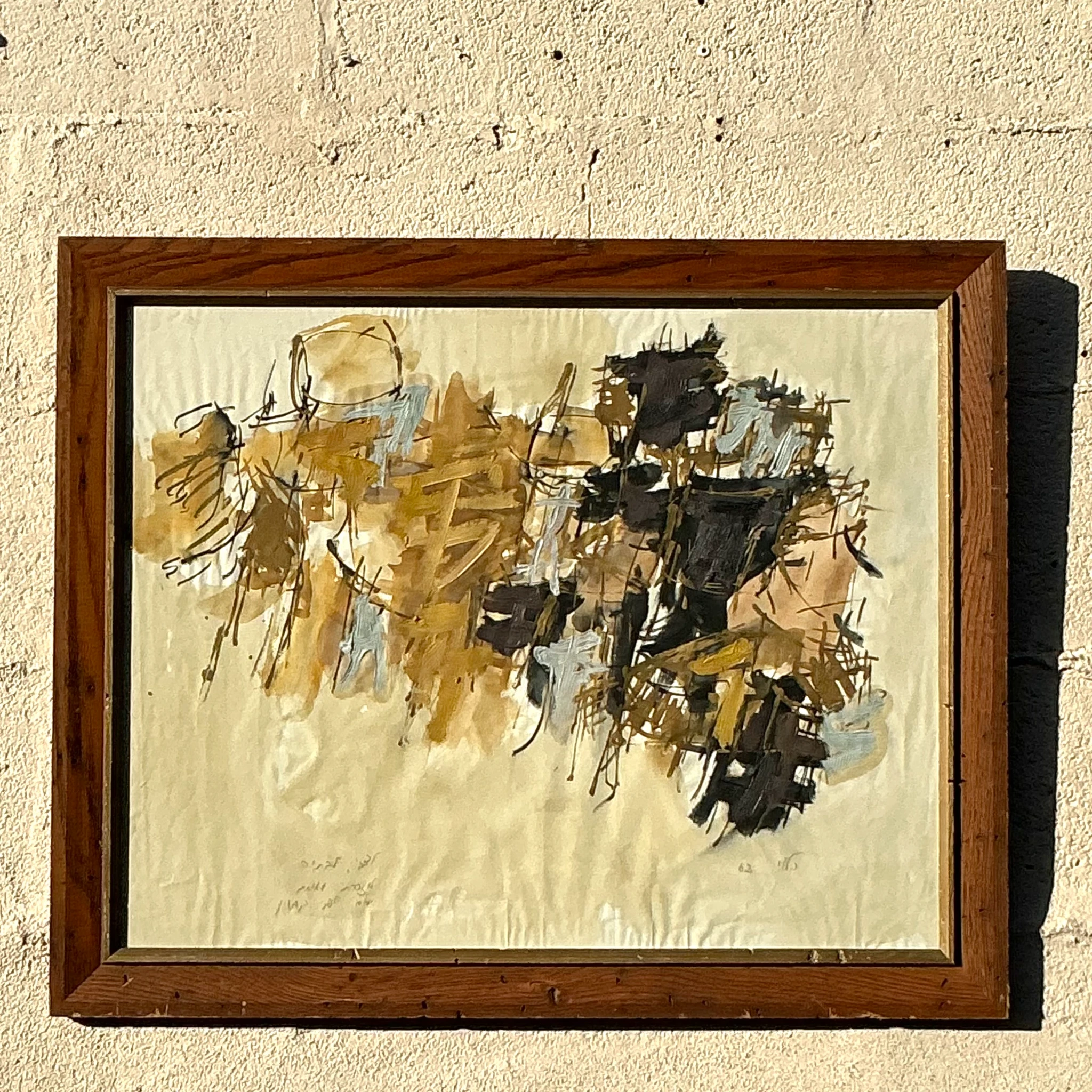 Mid 20th Century Vintage Boho Original Abstract Oil Painting on Paper - Top view