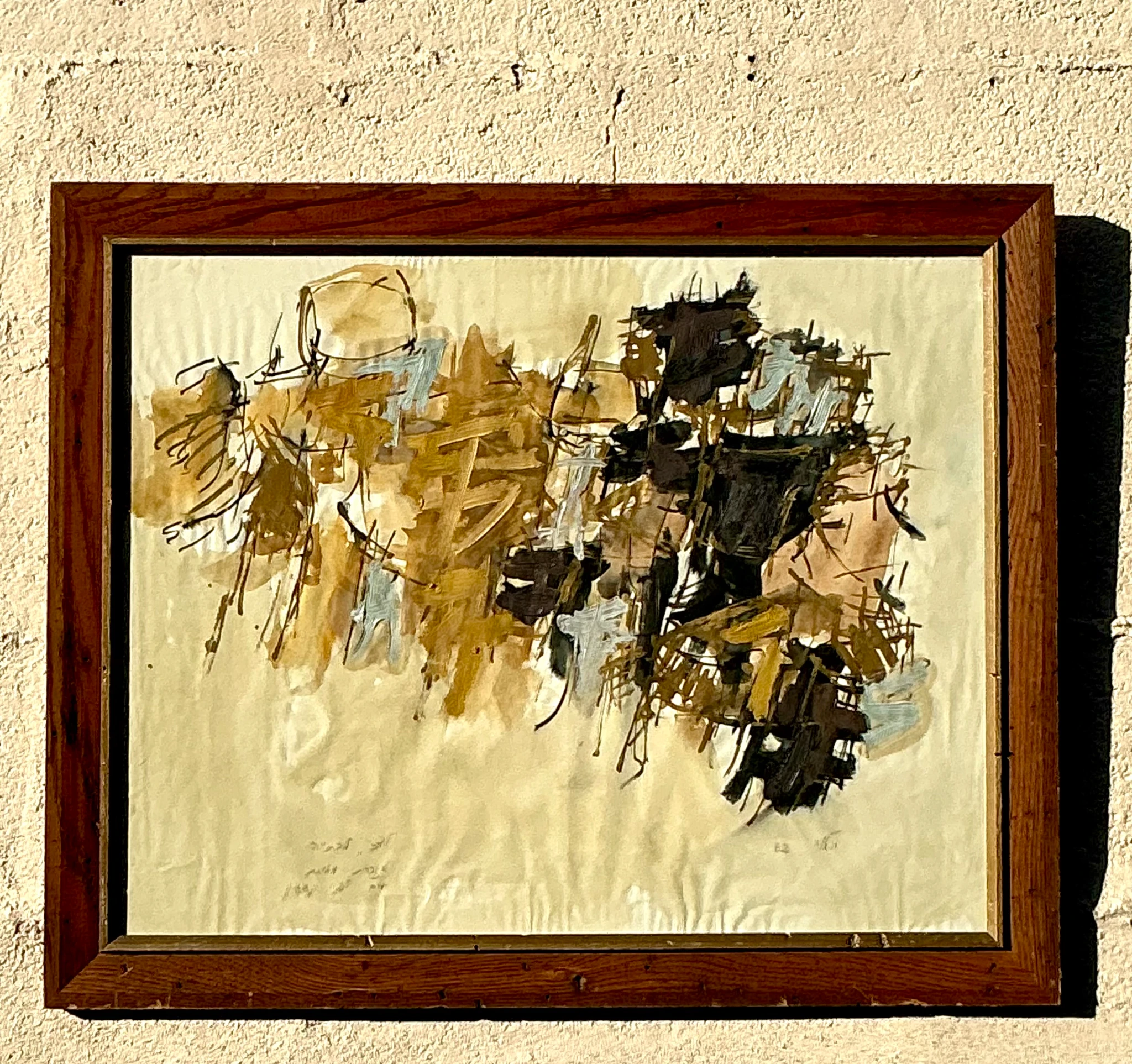 Mid 20th Century Vintage Boho Original Abstract Oil Painting on Paper - Side view