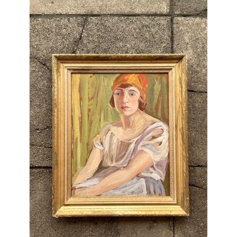 Mid 20th Century Vintage Boho Original Oil Portrait on Board - Side view