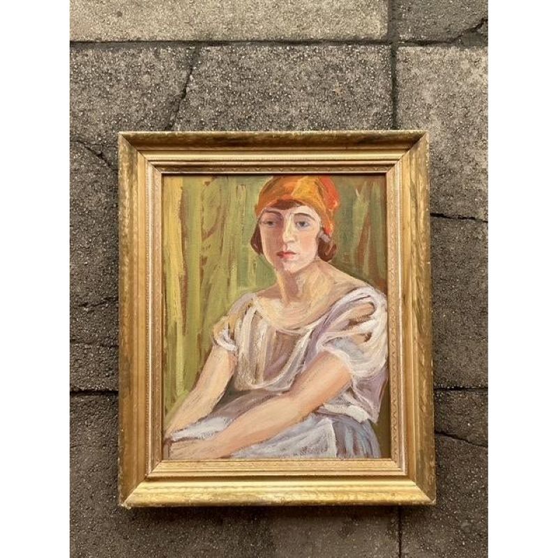 Mid 20th Century Vintage Boho Original Oil Portrait on Board - Detail view