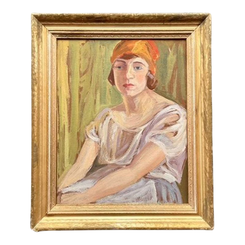 Mid 20th Century Vintage Boho Original Oil Portrait on Board