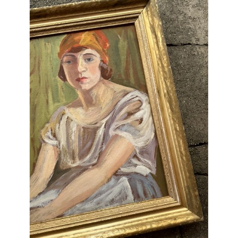 Mid 20th Century Vintage Boho Original Oil Portrait on Board - Top view